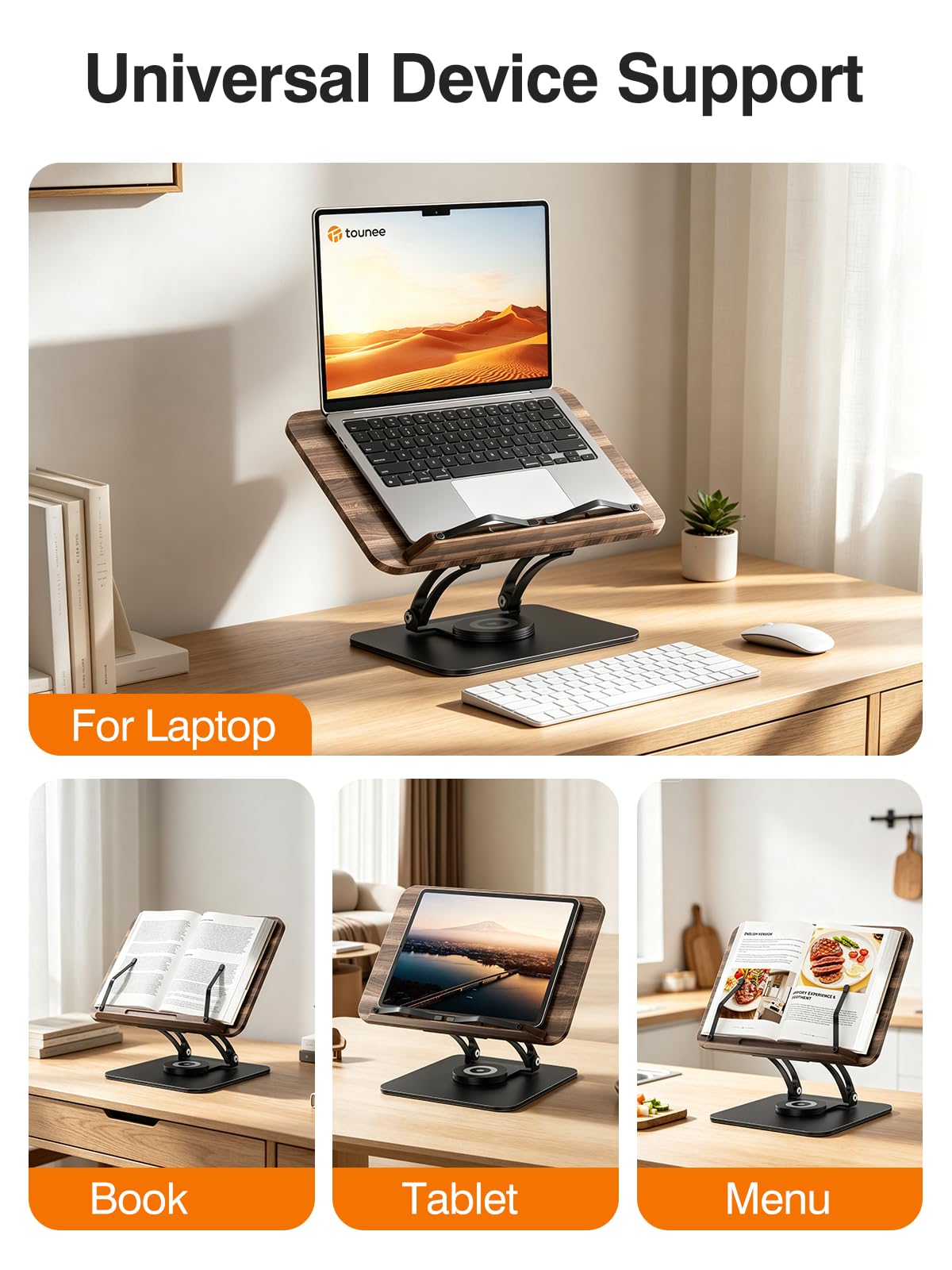 Tounee Adjustable Book Stand with 360° Swivel Base,Matte Black