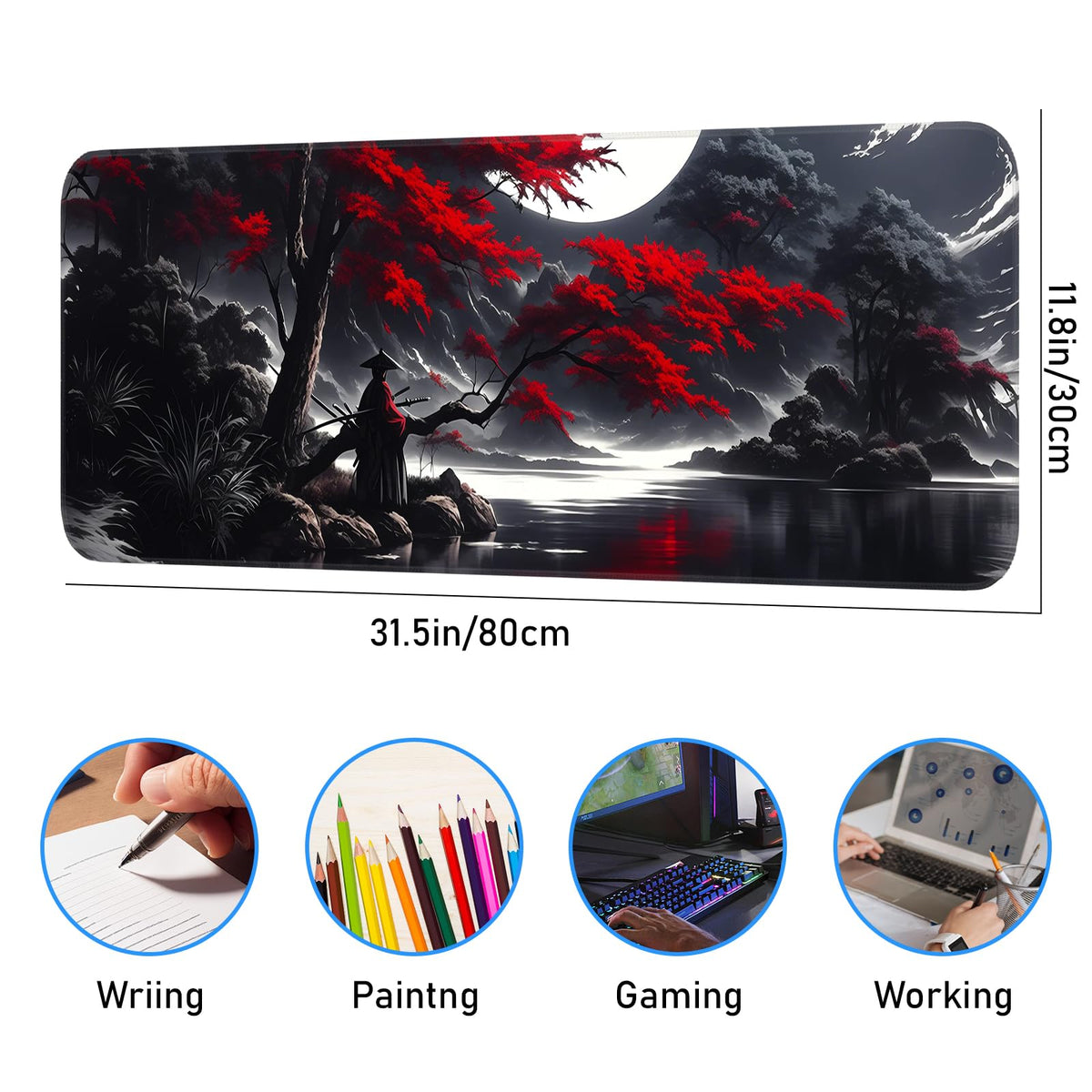 Japanese Dark Red Moon Gaming Mouse Pad, Extended Mouse Pad with Non-Slip Base, Full Keyboard Pad
