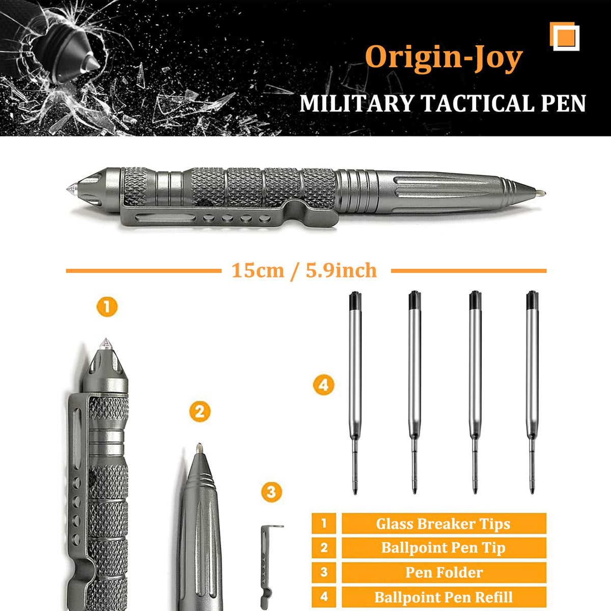 Origin-Joy 4 Pack Tungsten Steel Military Tactical Pen Set, Multifunctional EDC Self Defense Pen