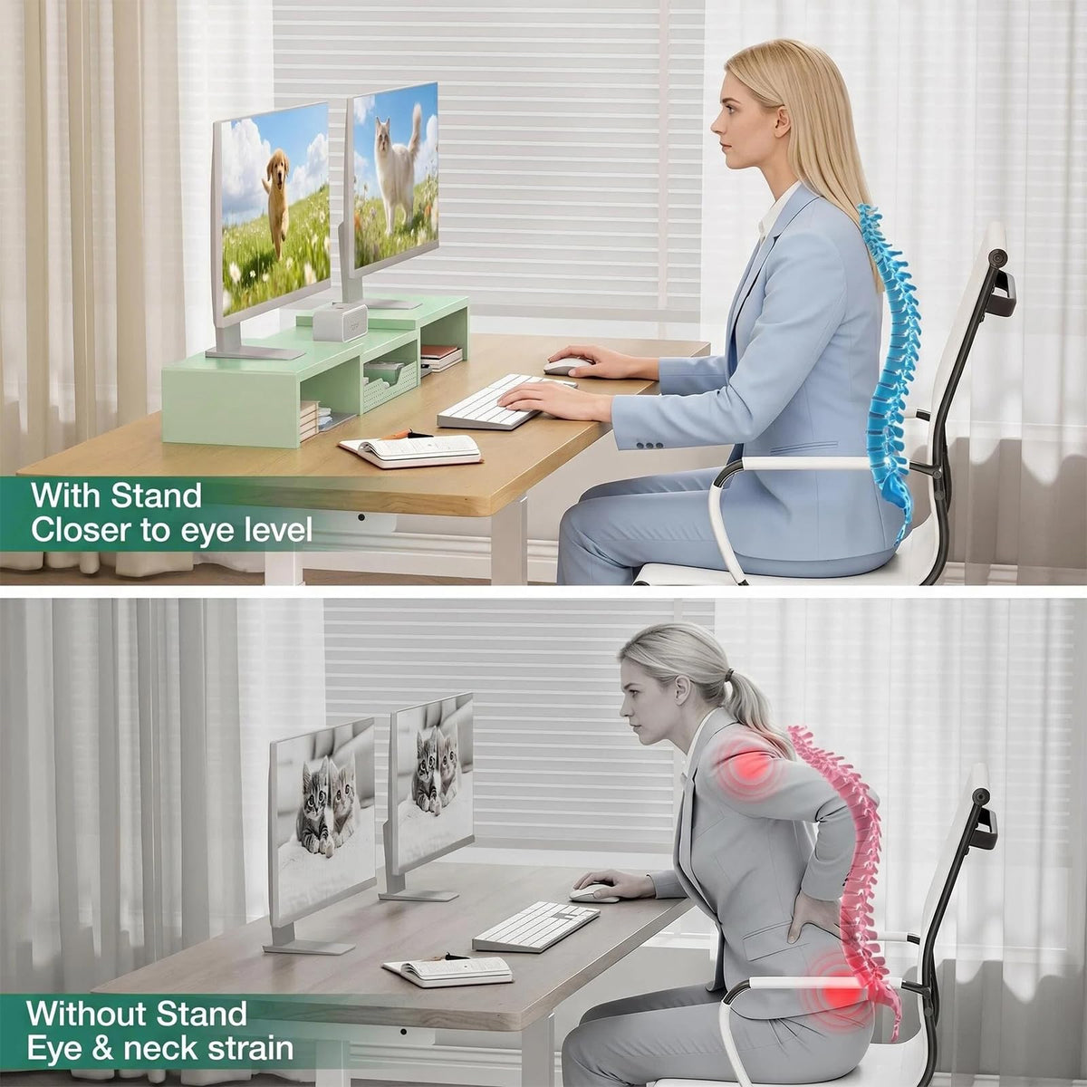 OPNICE Dual Computer Monitor Stand Riser, Desk Organizer with Drawer, Office Desk Accessories &