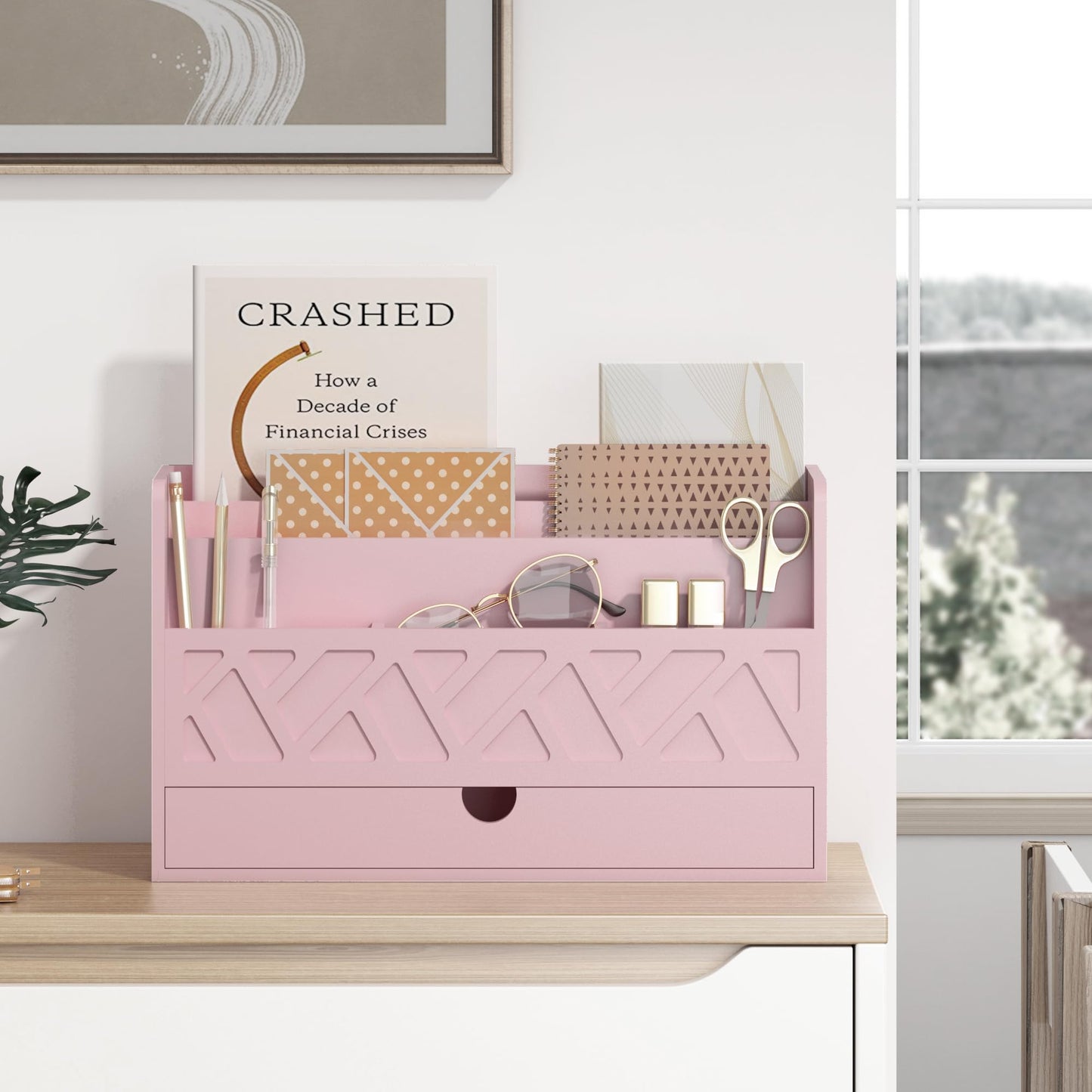 Wisuce Bamboo Mail Organizer with Drawer, Countertop Desk Organizer (Pink)