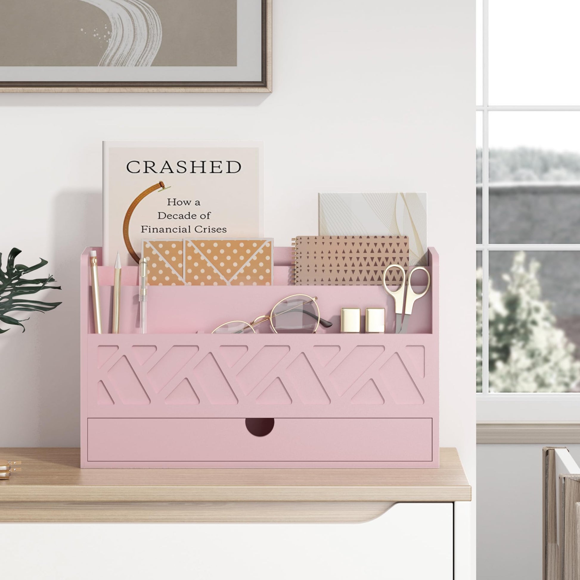 Wisuce Bamboo Mail Organizer with Drawer, Countertop Desk Organizer (Pink)