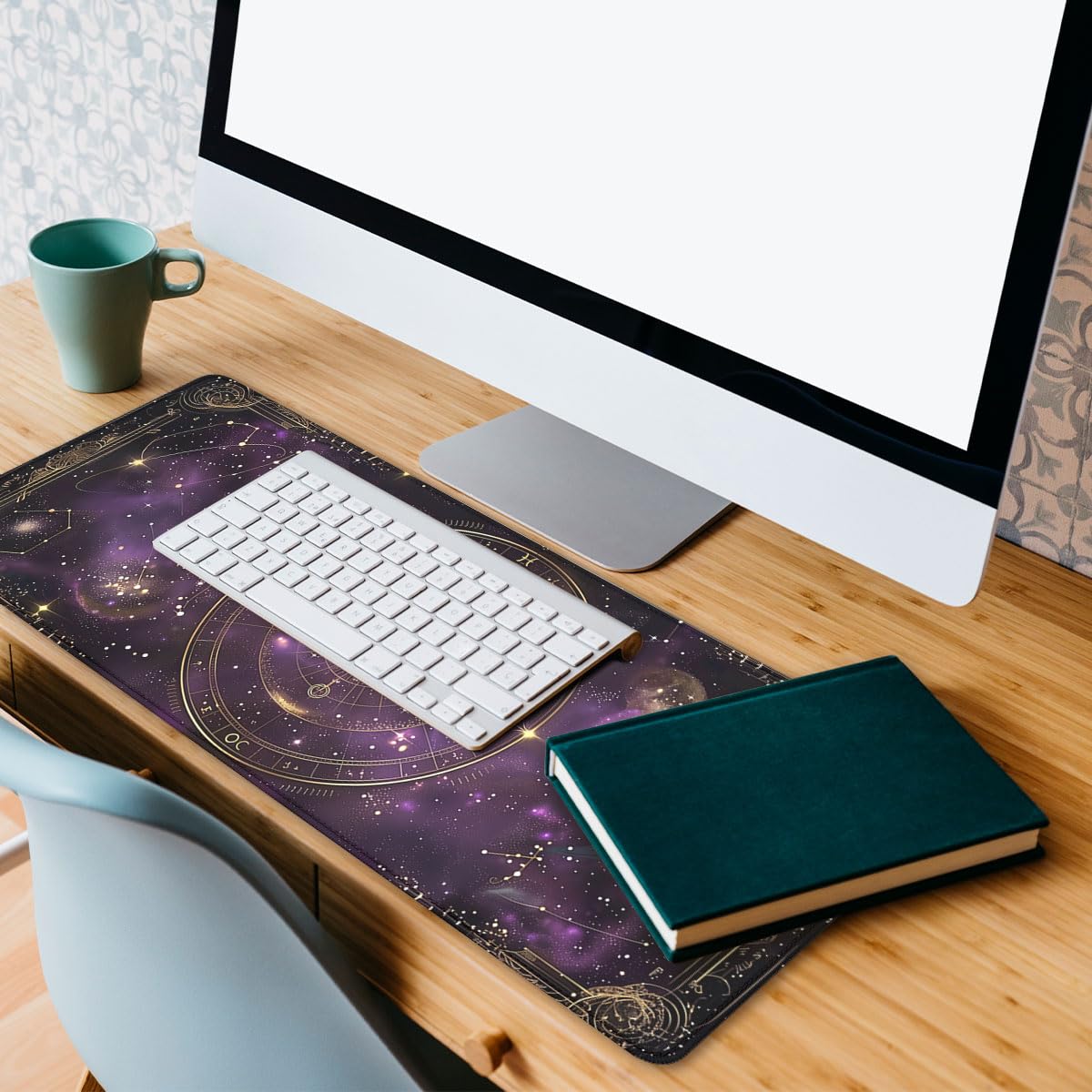 Purple Star Moon Card Desk Pad Mouse Pad Mysterious Galaxy Large Gaming Mouse Mat with Stitched
