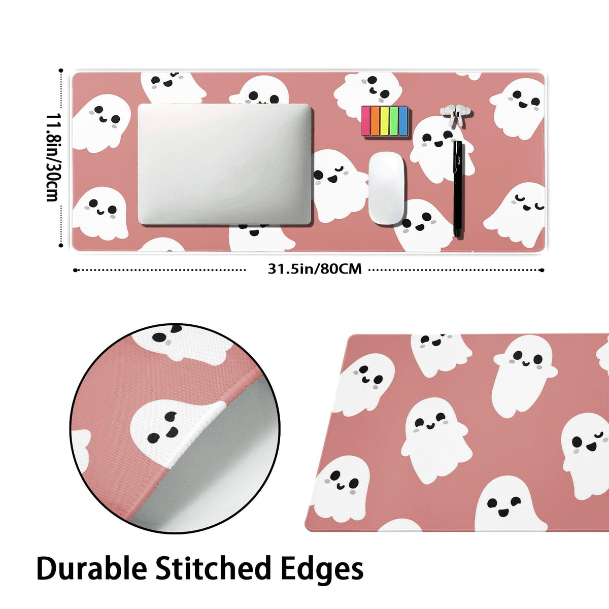 Halloween Cute Ghost Mouse Pad Kawaii Cartoon Spooky Funny Spirit Extended Desk Mat Non-Slip Rubber