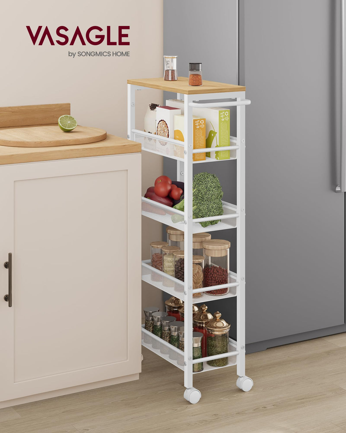 VASAGLE 5-Tier Slim Rolling Storage cart with Wheels, 8.7 Inches, Metal