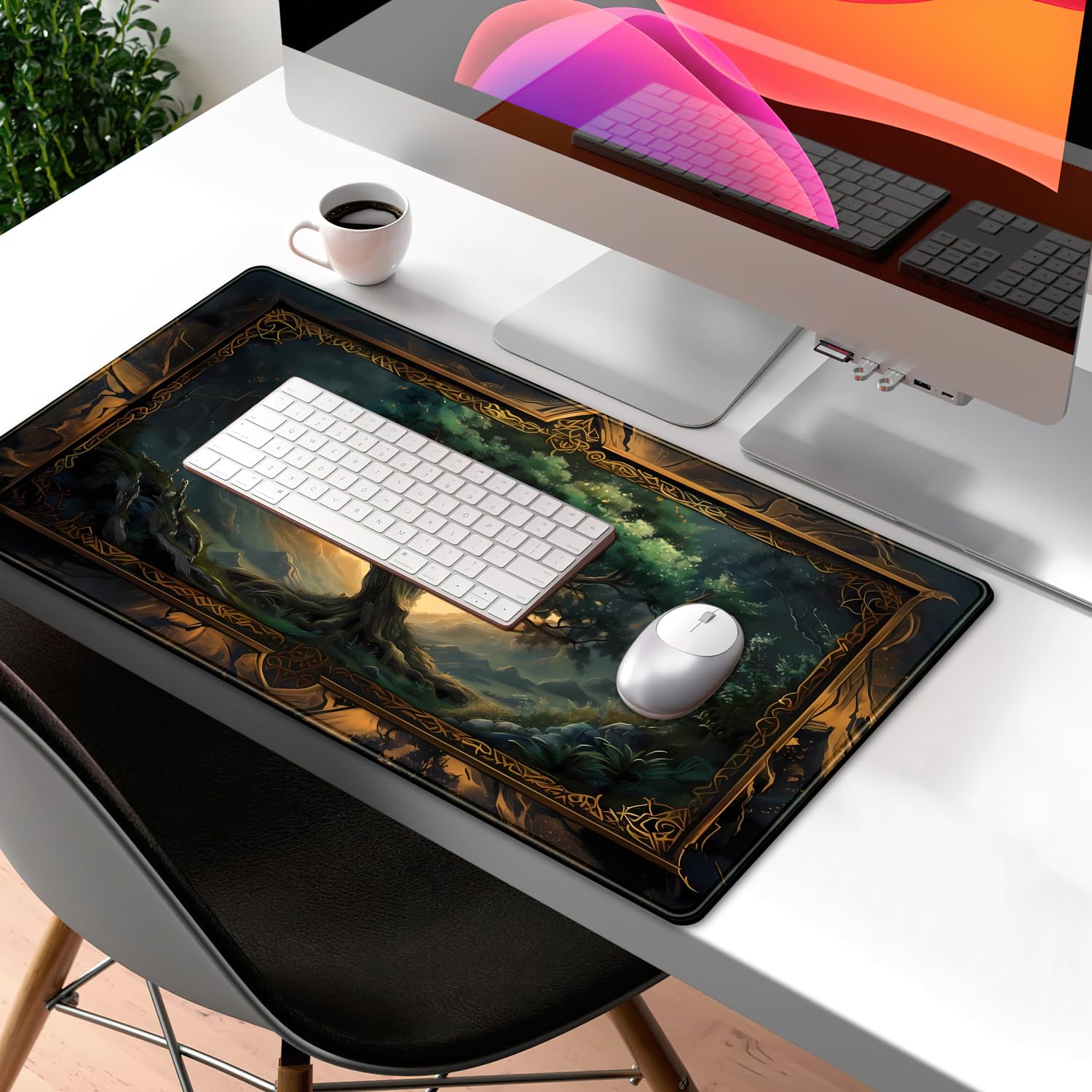 Mystical Green Tree Large Gaming Mouse Pad Forest Tree of Life Deskpad Mat XXL Extended Gaming Desk