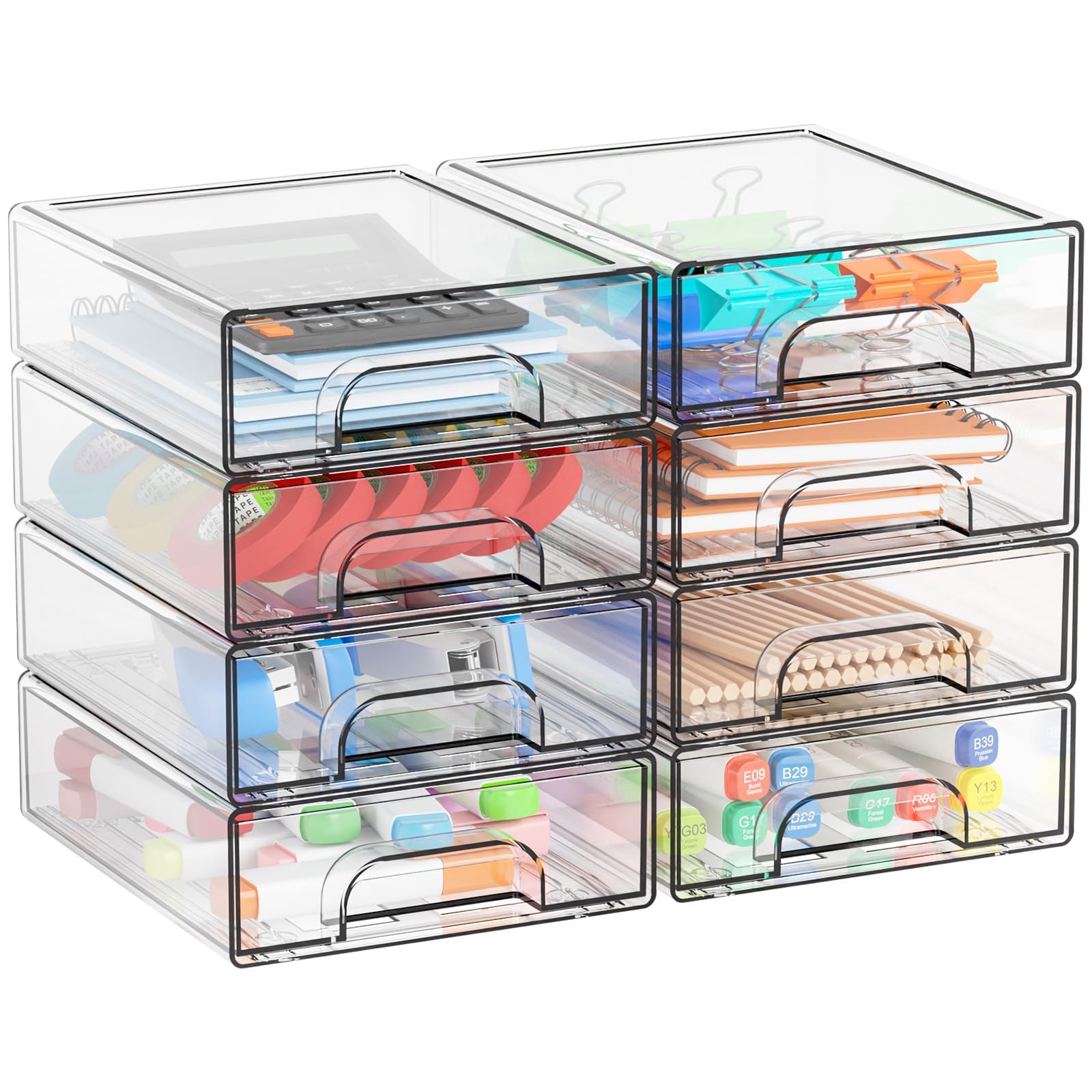 Yieach 2.2'' Tall Acrylic Clear Stackable Storage Drawer Organizer,8 Pack Desk Organization and