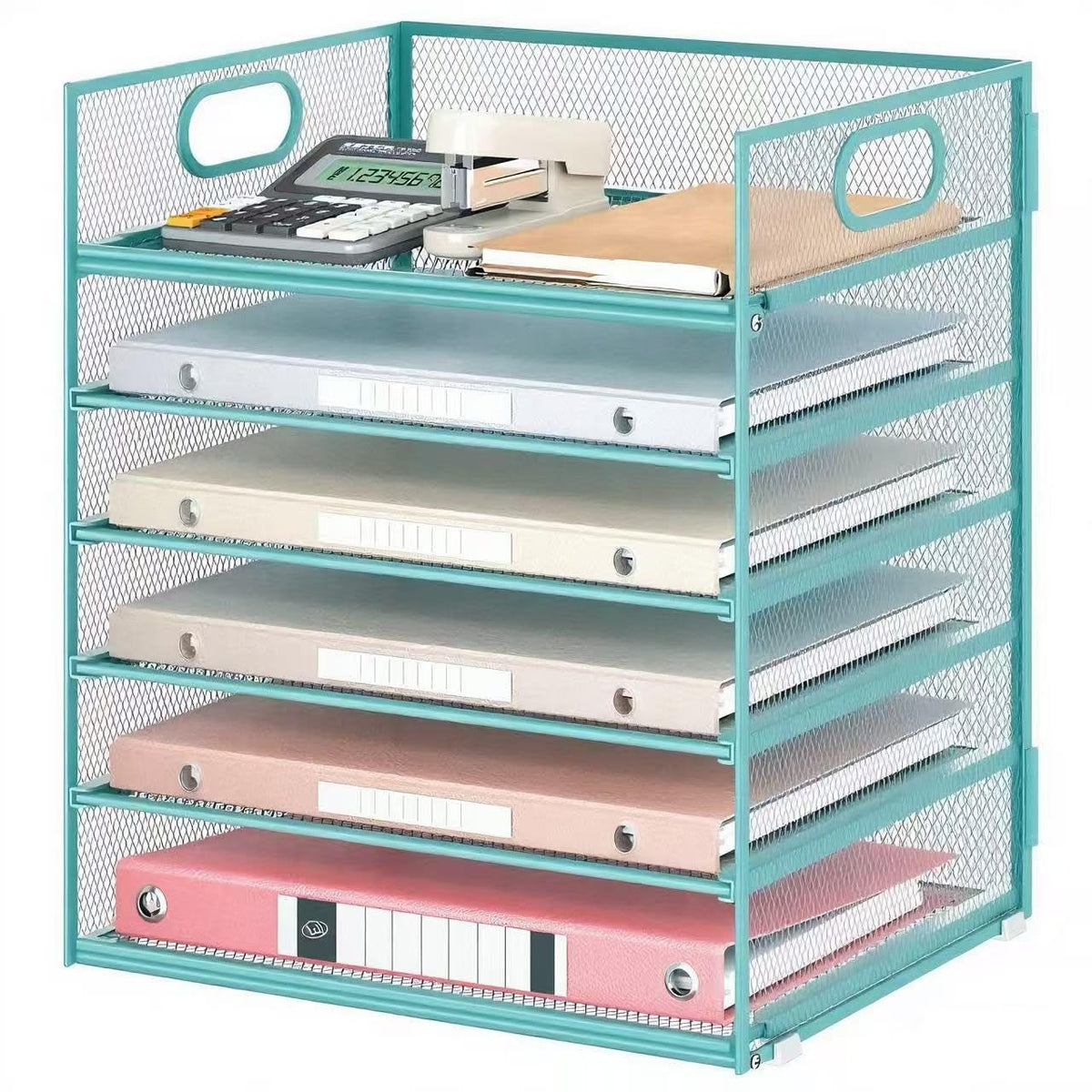 6 Tiers Letter Tray Paper Organizer with Handle, Mesh Desk File Organizer, Metal Desktop Document