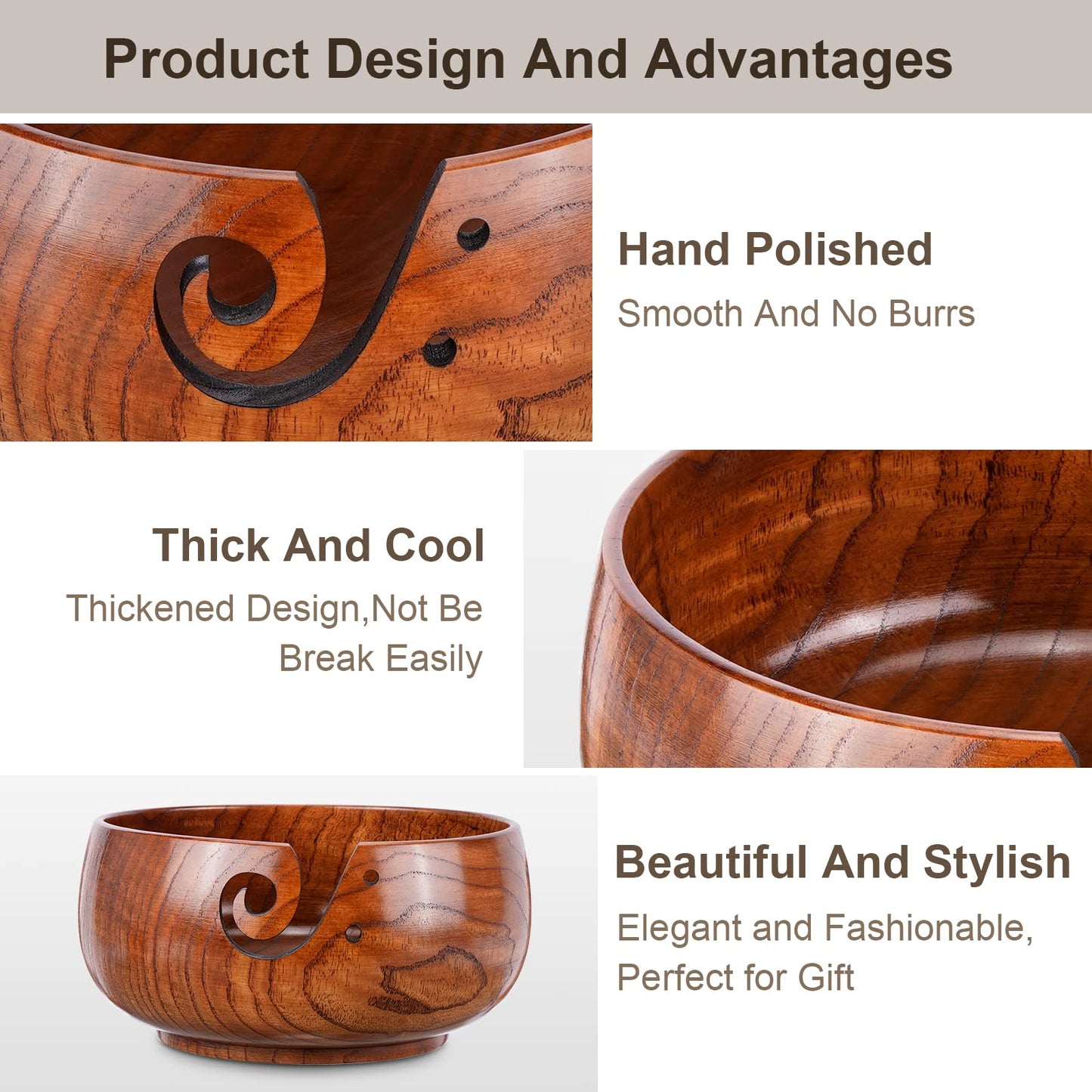 Wooden Yarn Bowl, Knitting Yarn Bowl with Holes Storage Handmade to Prevent Slipping, Perfect Yarn