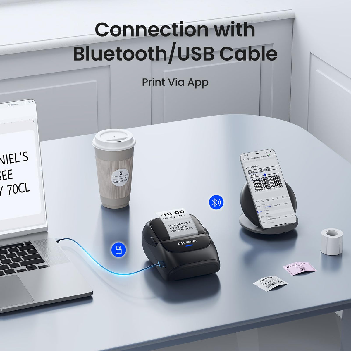 CLABEL 221B 2" Bluetooth Thermal Label Printer, 5 Label Rolls