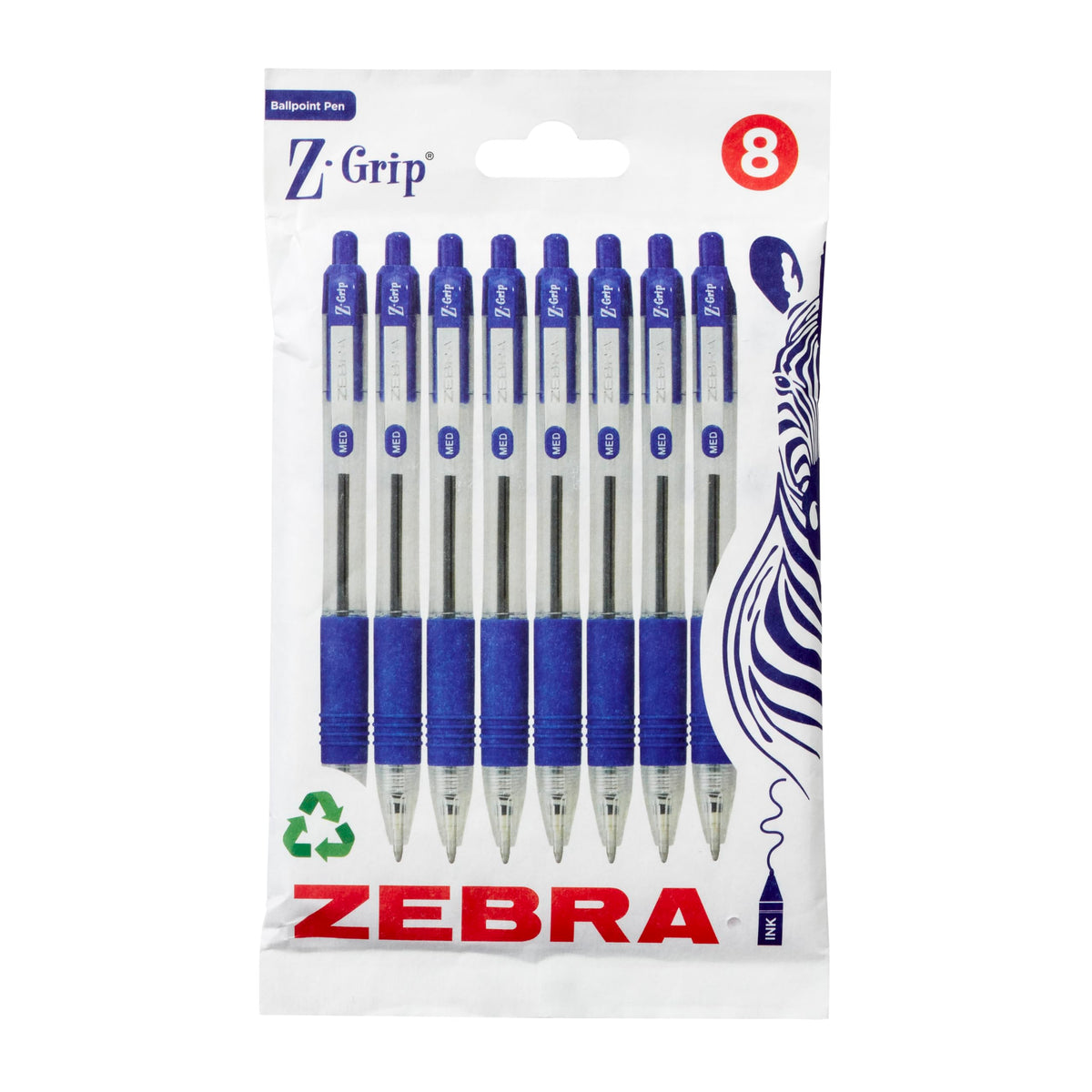 Zebra Pen Z Grip Blue Ballpoint Pens with Pocket Clip 8pk, Retractable Blue Ink Ballpoint Pens