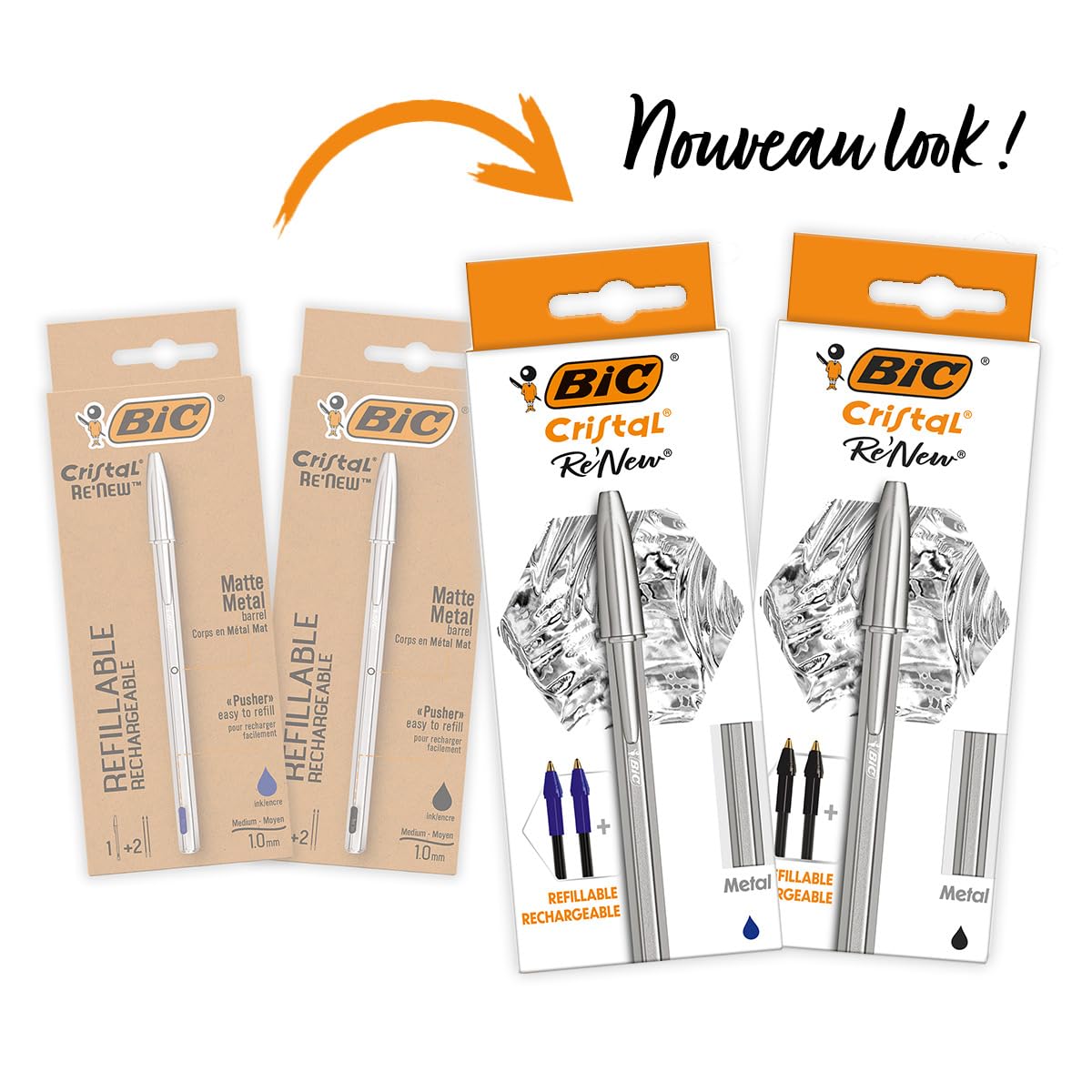 BIC Cristal Re'New, Premium Refillable Ballpoint Pen, in Black and Blue, Pack of 2 Including 2