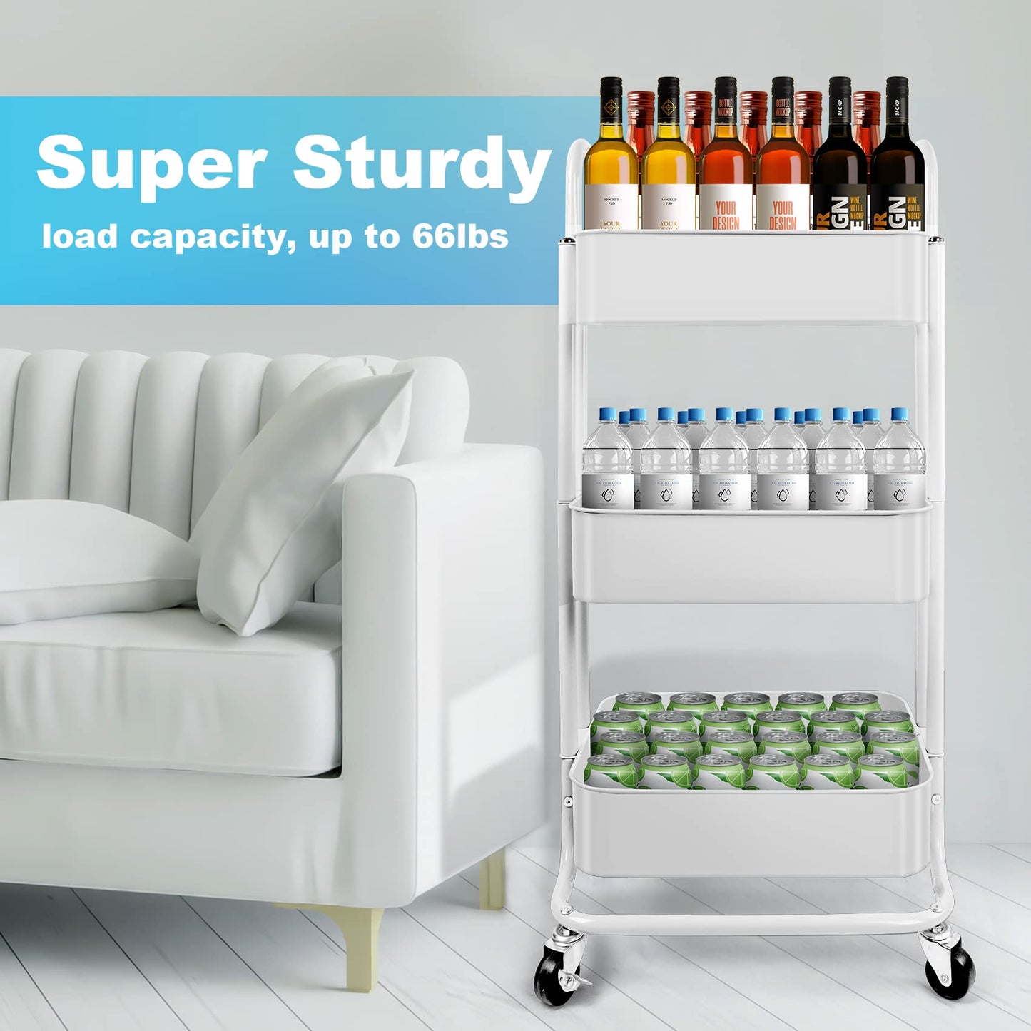 Homchwell 3 Tier Metal Utility Rolling Cart with Lockable Wheels, Multifunction Movable Storage