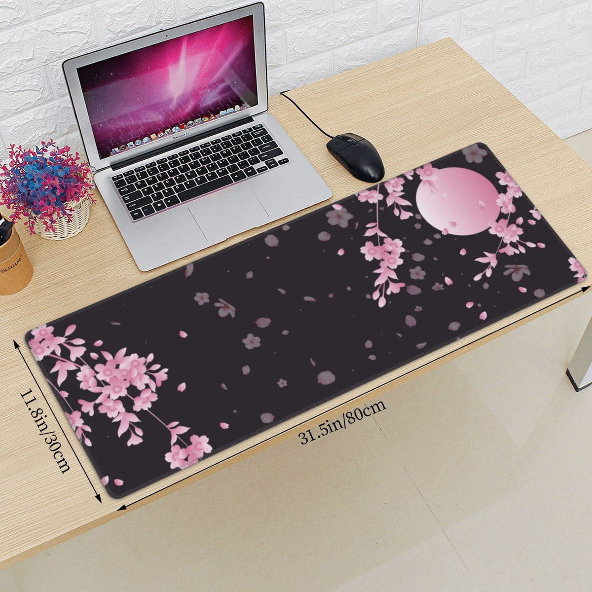 Japanese Cherry Blossom Black Pink XXL XL Large Gaming Mouse Pad for Desk, Non-Slip Long Extended