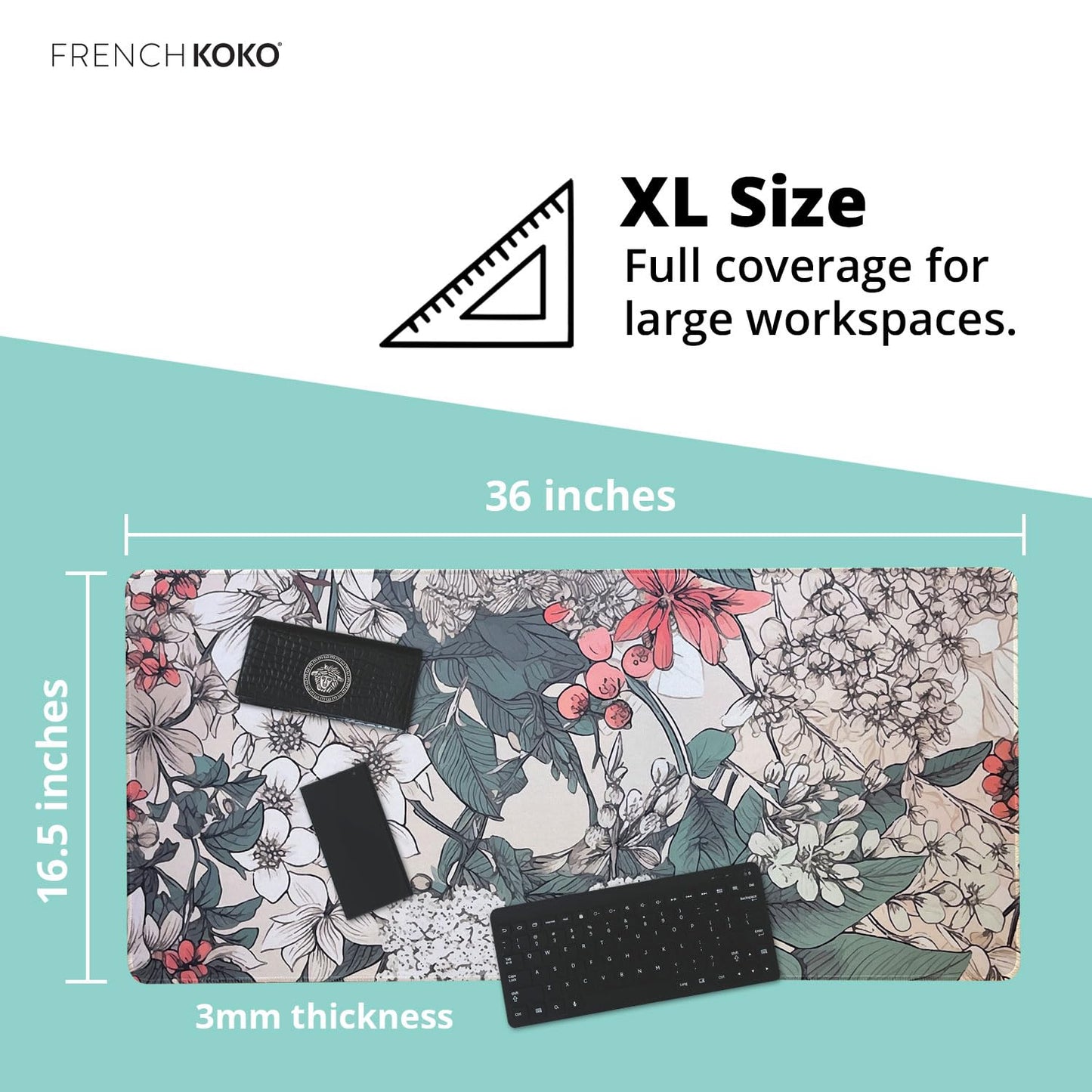 French KOKO Large Desk Mat 36" x 16.5" – Botanical Floral Mouse Pad for Keyboard & Mouse – Non-Slip