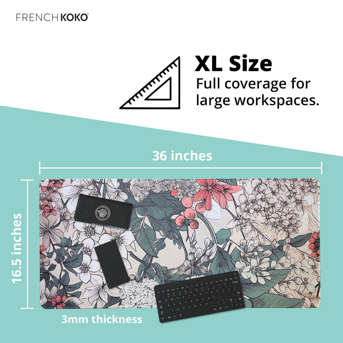 French KOKO Large Desk Mat 36" x 16.5" – Botanical Floral Mouse Pad for Keyboard & Mouse – Non-Slip