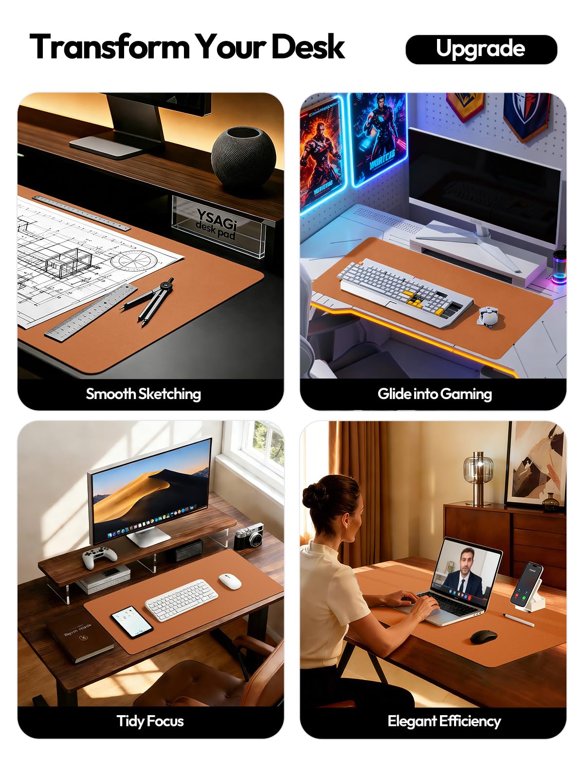 YSAGi Leather Desk Protector, Office Mat, Large Mouse Mat, Non-Slip PU Leather Blotter, Laptop Desk