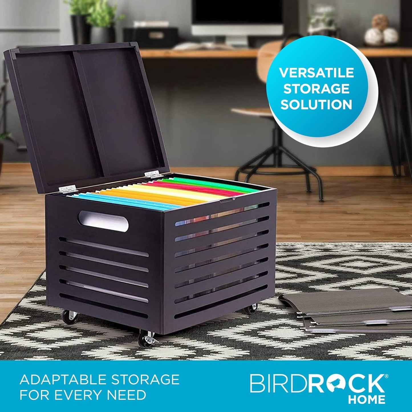 BIRDROCK HOME Bamboo Rolling File Storage Organizer Box with Lid - Decorative File Cabinet on