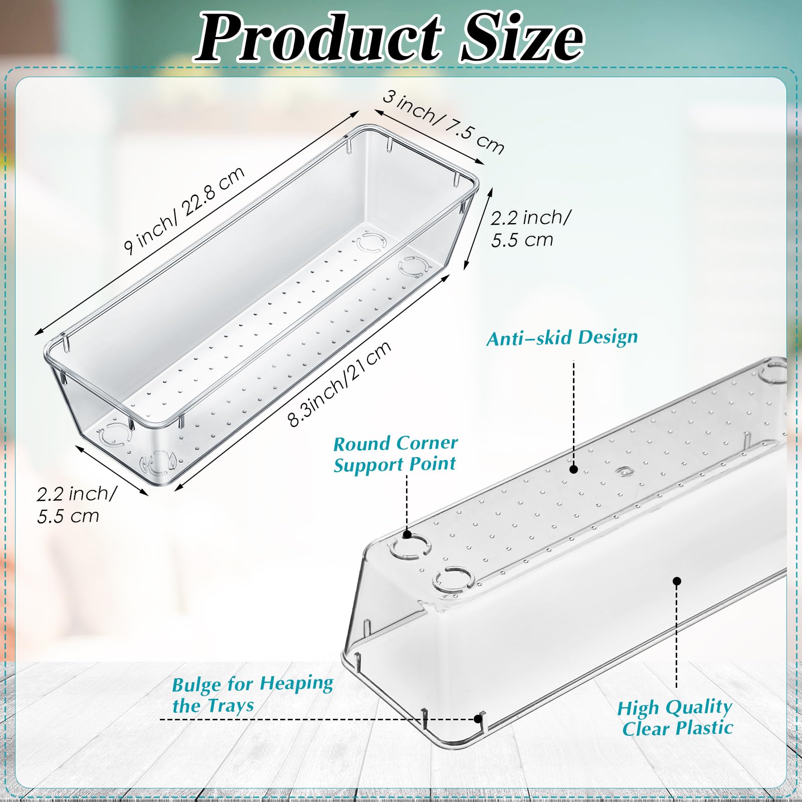 Maitys 12 Pcs Clear Drawer Organizer 9 x 3 x 2 Inches Plastic Rectangle Trays Makeup Vanity Storage