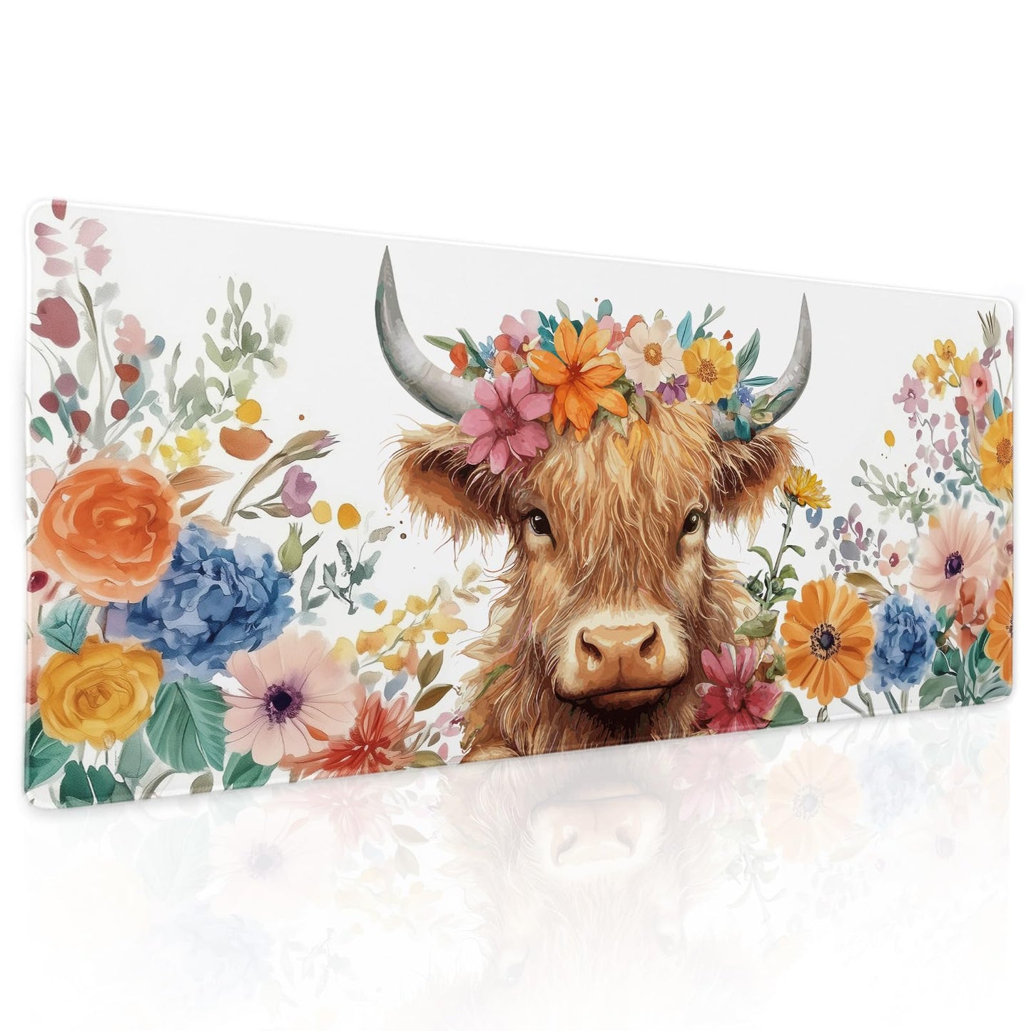 Aesthetic Highland Cow Gaming Mouse Pad XL Cow Print Blue Orange Floral Extended Large Mat Mousepad
