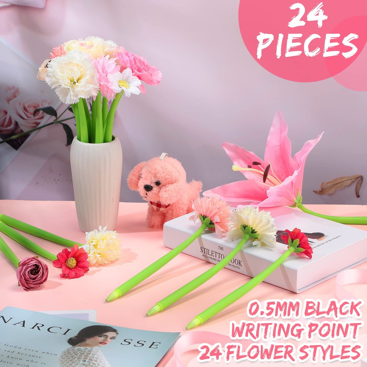 BBTO 24 Pcs First Day Flower Pen Ballpoint with Flower Top, Beautiful