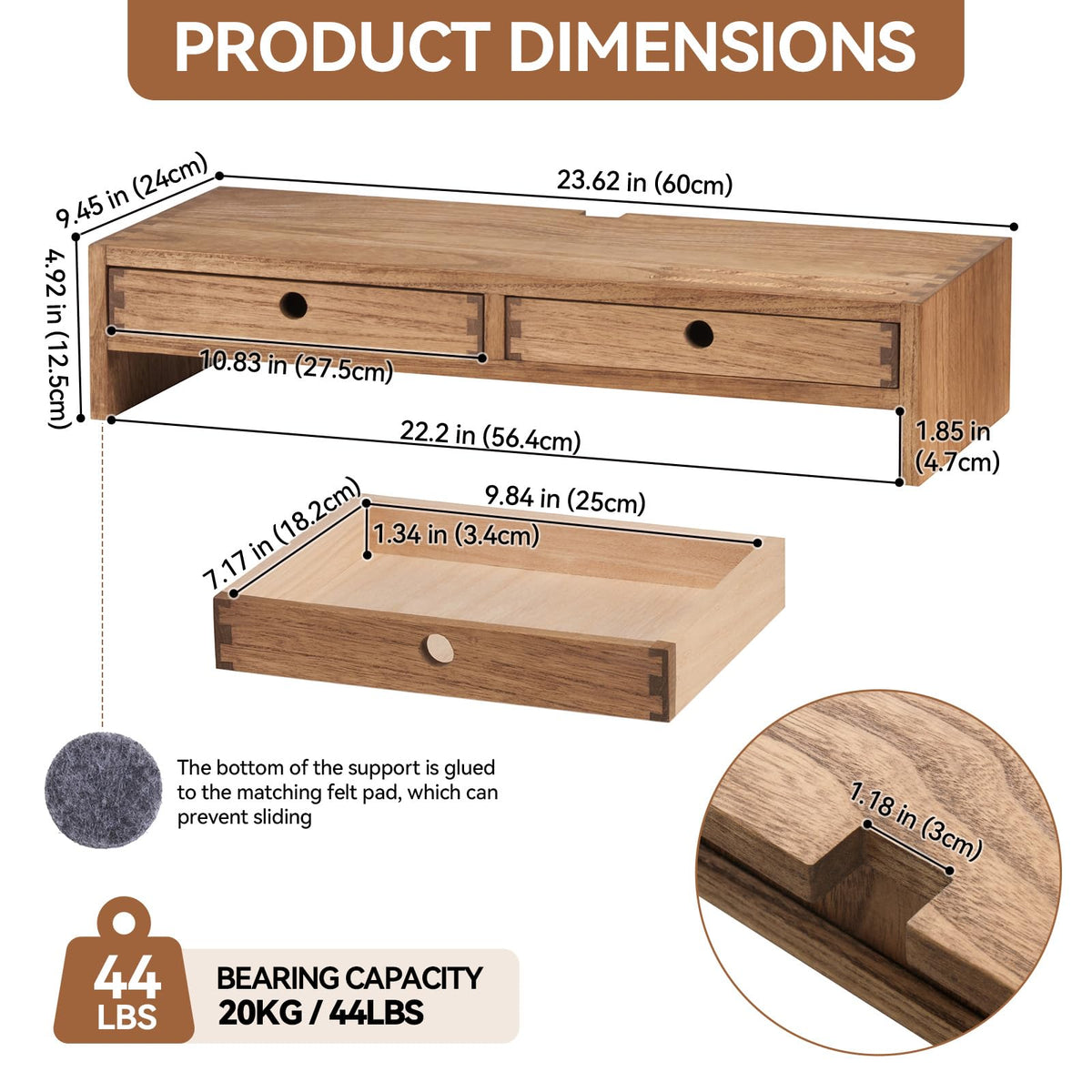 KIRIGEN Solid Wood Monitor Stand with 2 Drawers, Desk Riser, Brown PMJ-DBR
