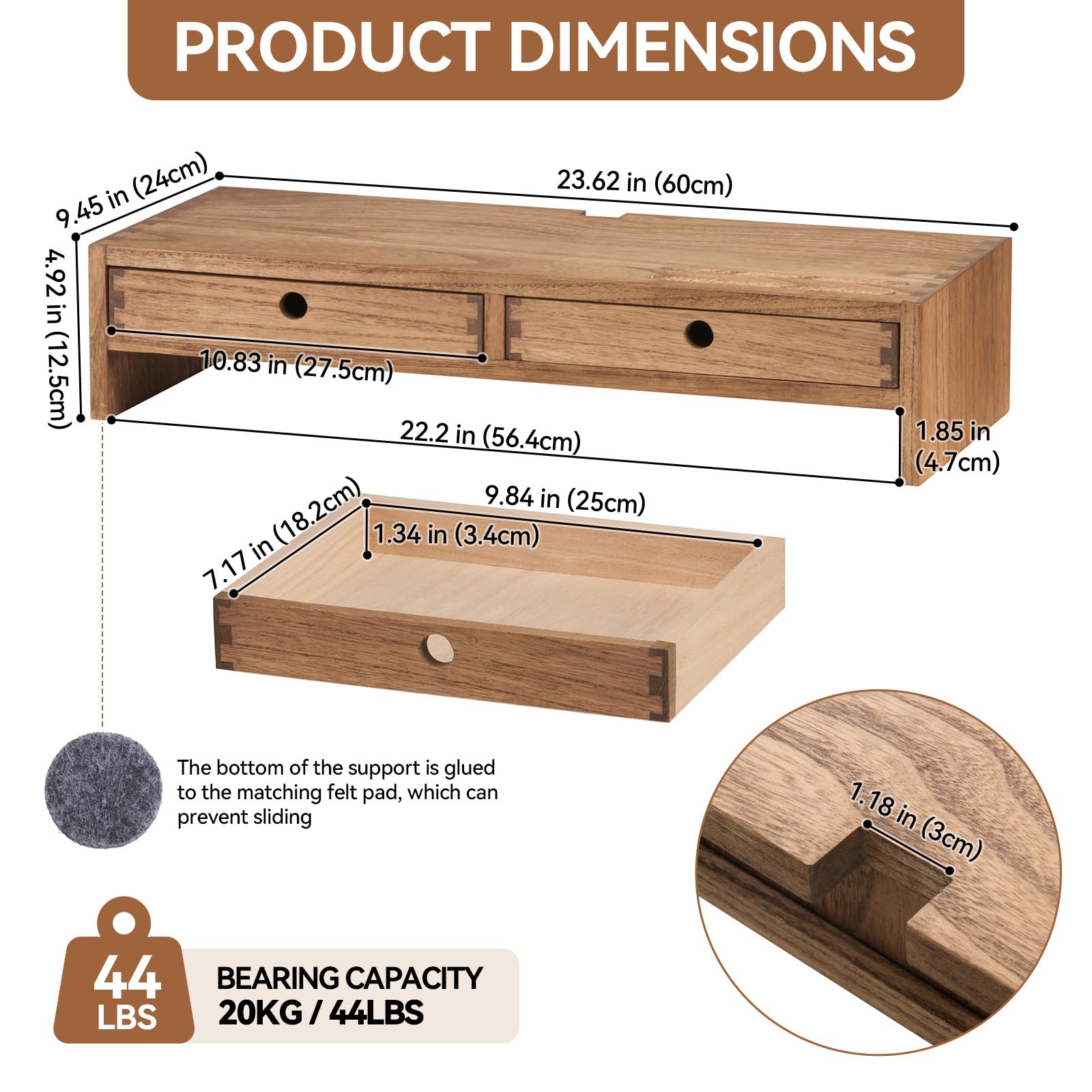 KIRIGEN Solid Wood Monitor Stand with 2 Drawers, Desk Riser, Brown PMJ-DBR