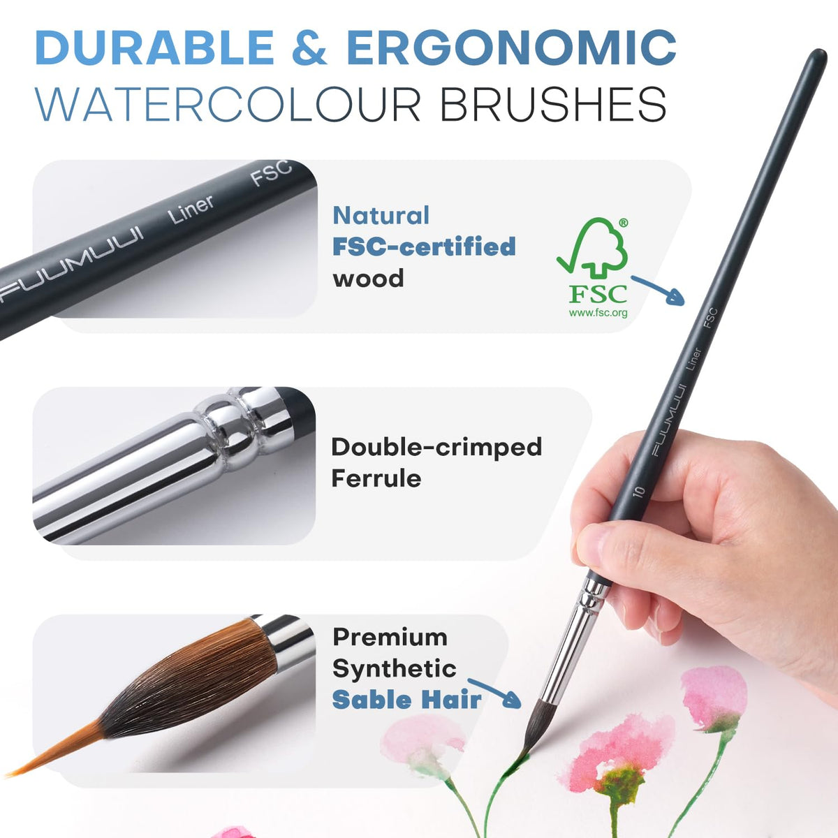Fuumuui Watercolor Brushes, 10Pcs Professional Watercolor Paint Brush Set, Soft Synthetic Hair