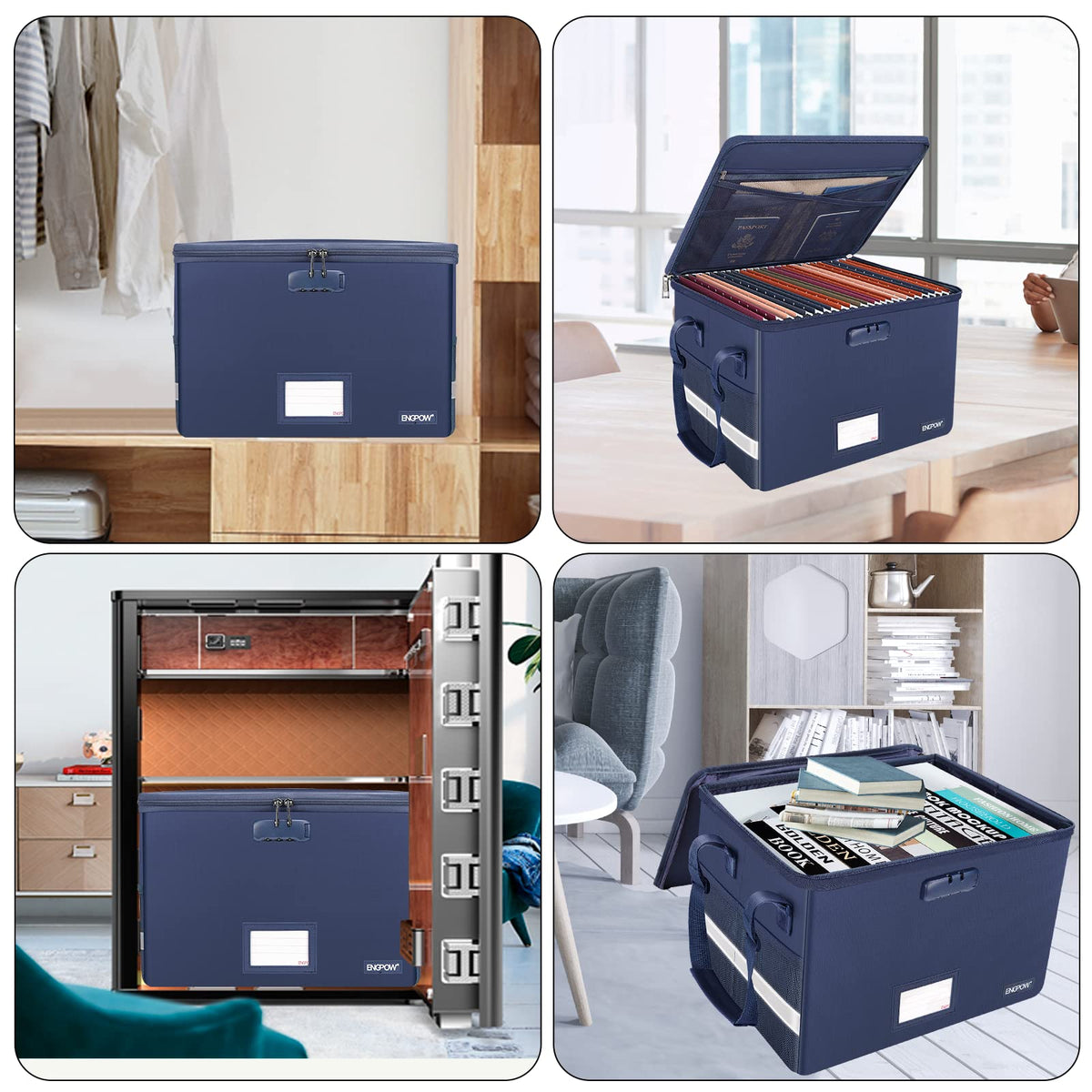 ENGPOW File Box with Lock, Fireproof Document Box with Pockets, Collapsible File Organizer Filing
