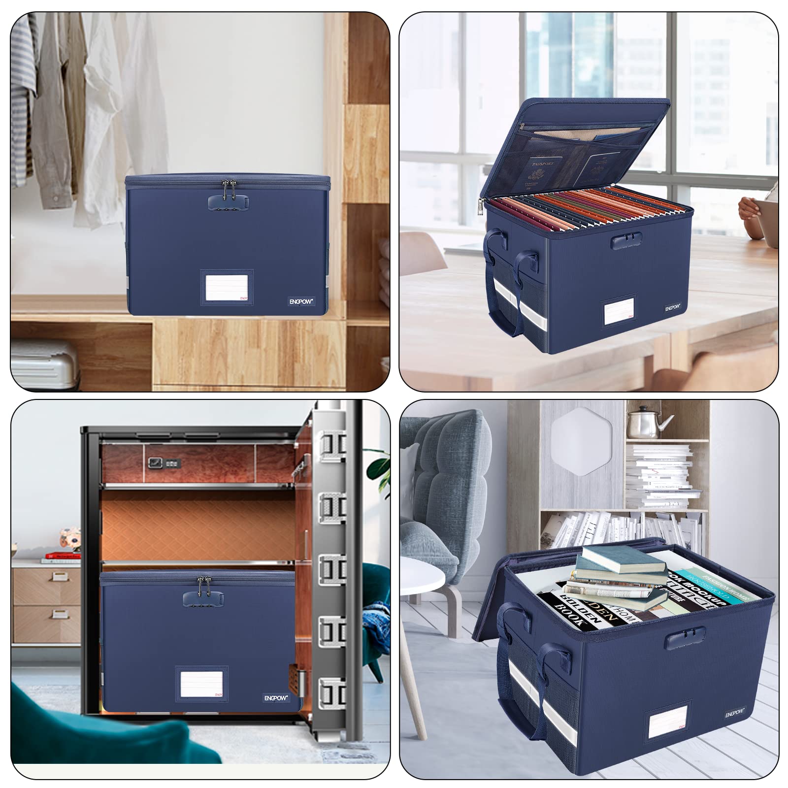 ENGPOW File Box with Lock, Fireproof Document Box with Zipper＆Pockets, Collapsible File Organizer
