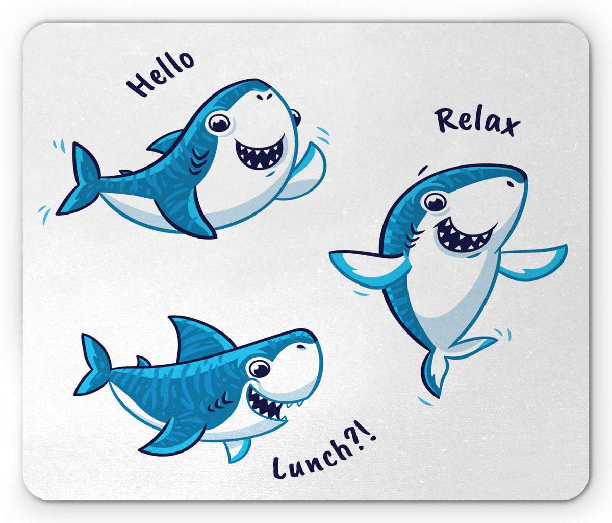 Lunarable Shark Mouse Pad, Cartoon Fish Characters with Hello Relax Lunch Letterings, Rectangle