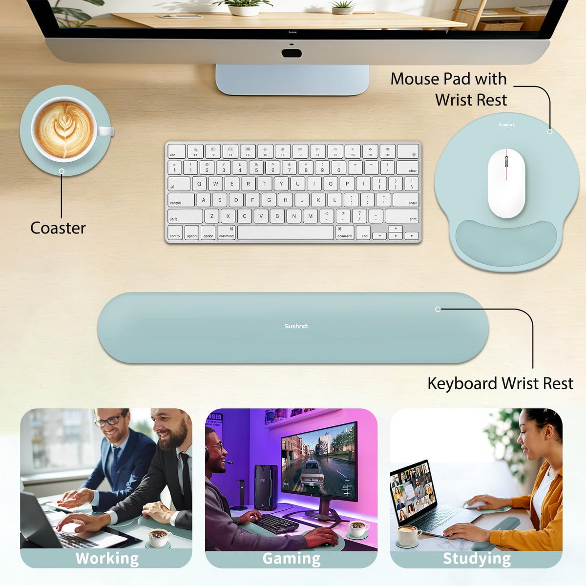 Sushret Mouse Pad and Keyboard Wrist Rest, 3-in-1 Gel Memory Foam Ergonomic Mouse Pad with Wrist