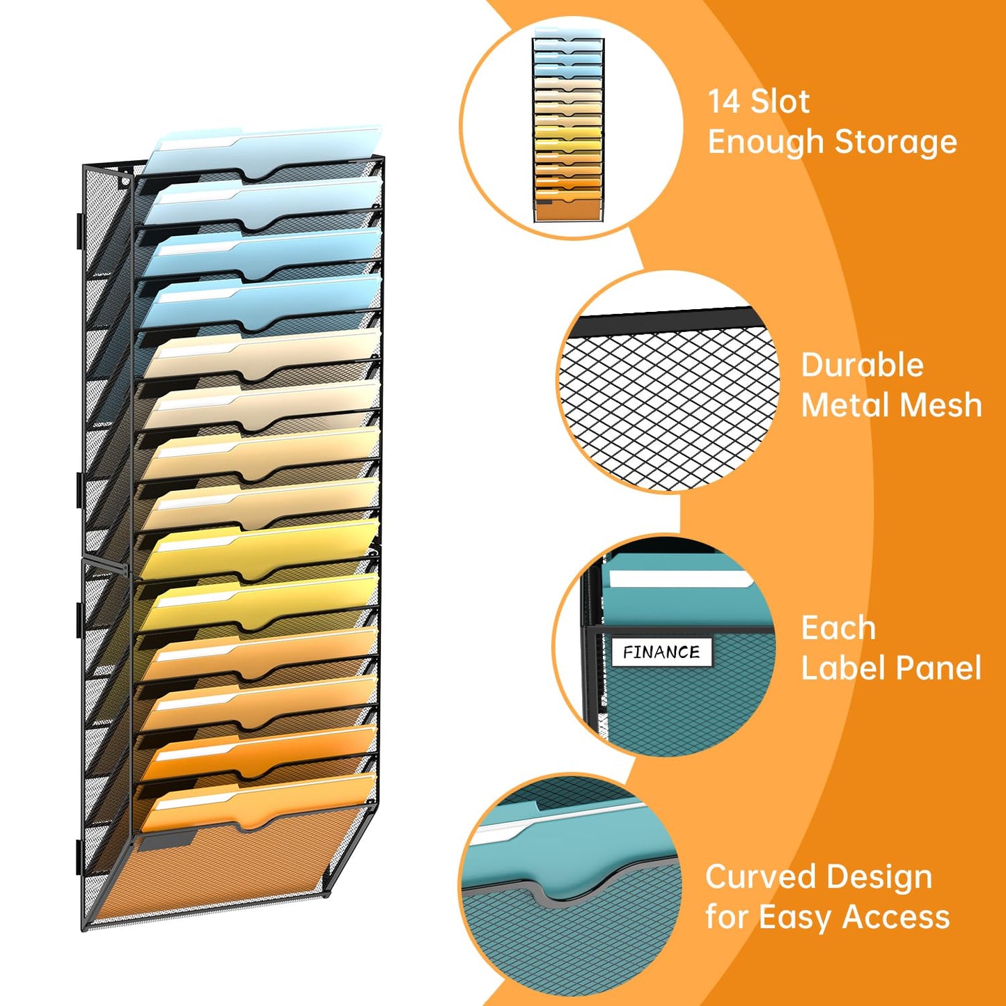 SUPEASY 14 Tier Wall File Organizer, Hanging Wall Mounted Mail Organizer with Label Slots, Metal