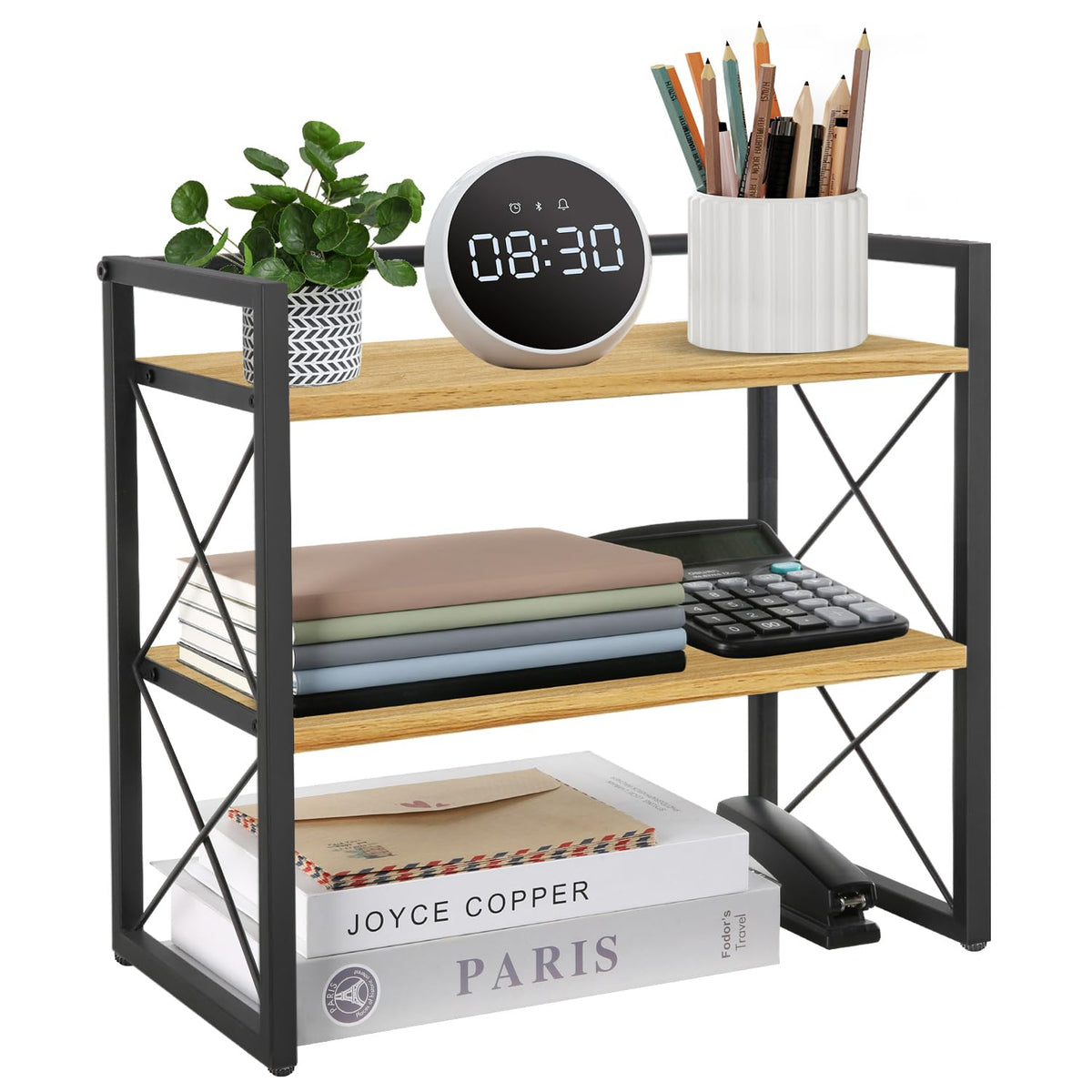 YINMIT Desktop Shelf Organizer, 2 Tier Office Shelves, Wood Desk Organizer Storage Rack and