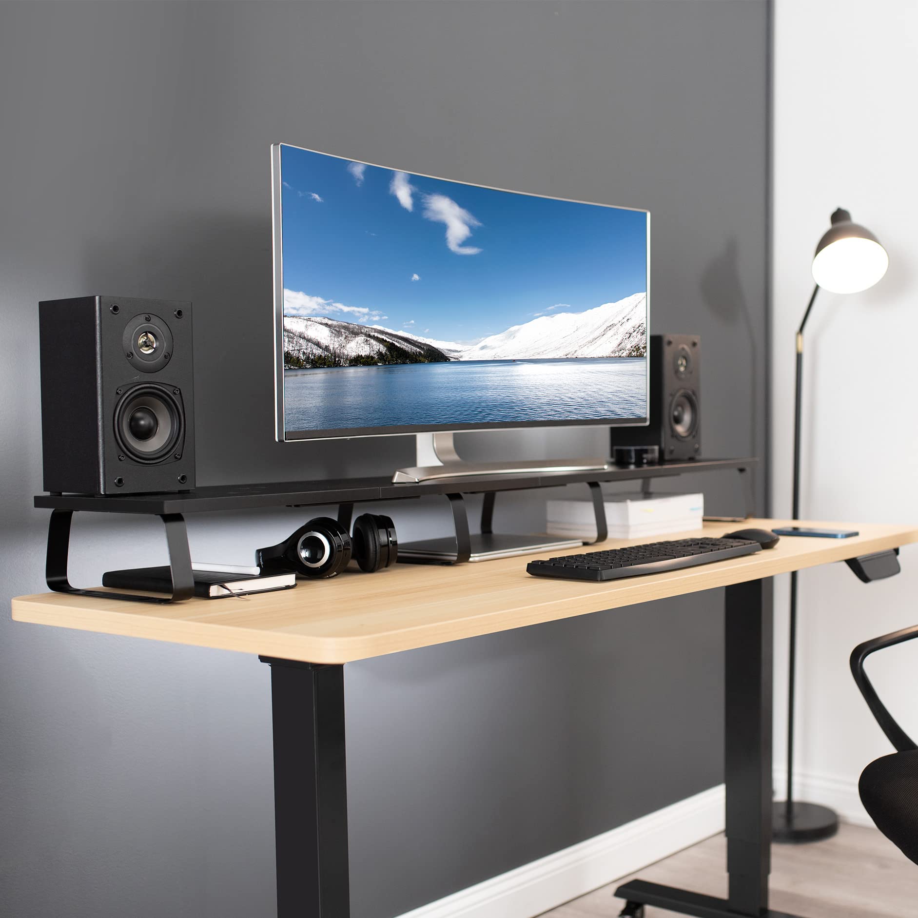 VIVO 55 inch Extra Long Monitor Stand, Wood & Steel Desktop Riser, Multi Screen, TV, Keyboard