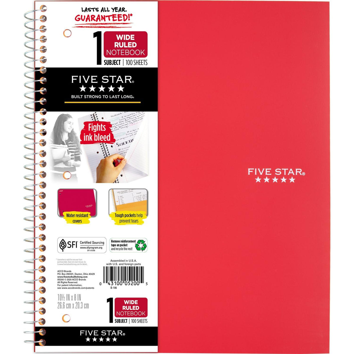 Five Star Spiral Notebook, 1 Subject, Wide Ruled Paper, 10-1/2" x 8", 100 Sheets, Assorted Colors