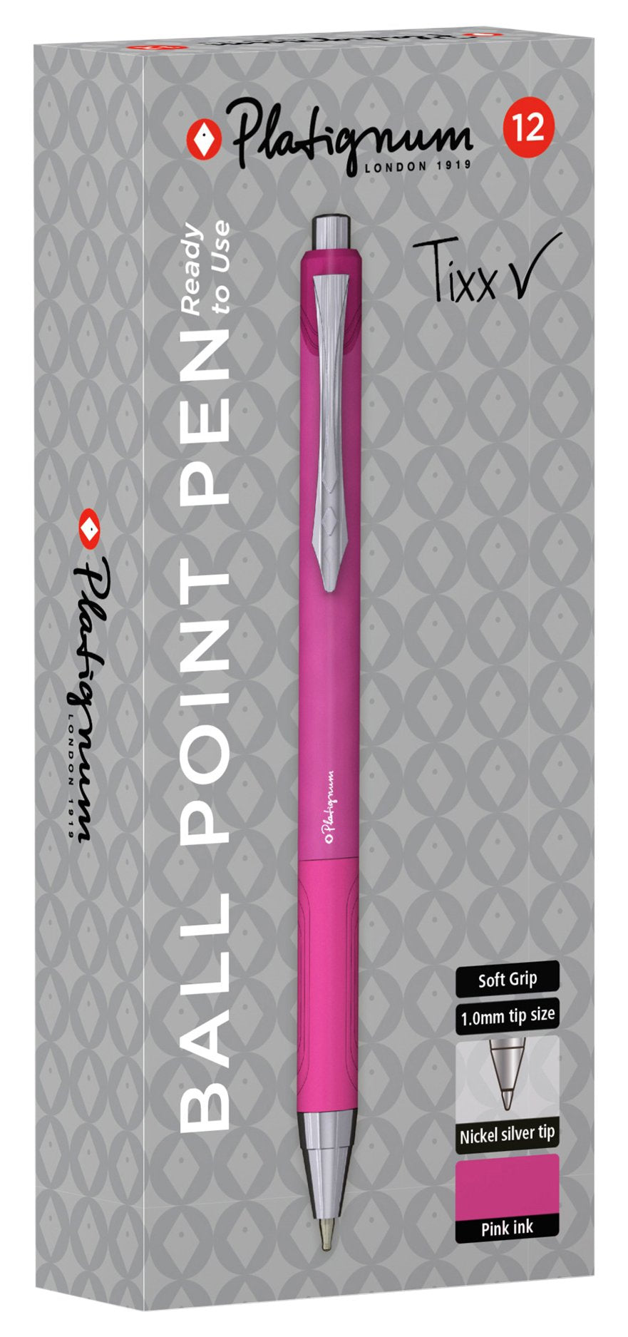 Platignum Tixx Pink Ballpoint Pen [Pack of 12] Soft Grip Barrel with Hybrid Gel Ink for Smudge-Free