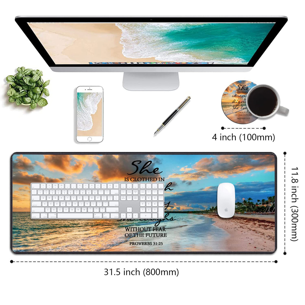 Desk Pad Mat With Coasters, 31.5"x 11.8" XXL Large Mouse Pad With Non-Slip Base and Stitched Edge