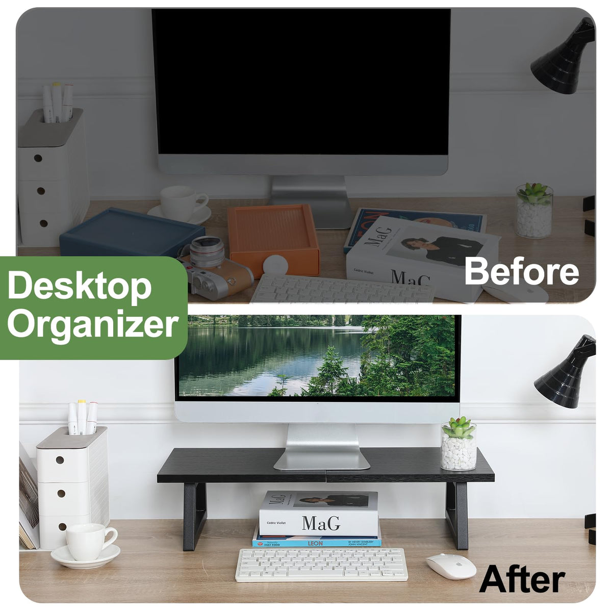 TEAMIX 24 inch Monitor Riser for Desk, Wood & Steel Computer/TV Stand Black