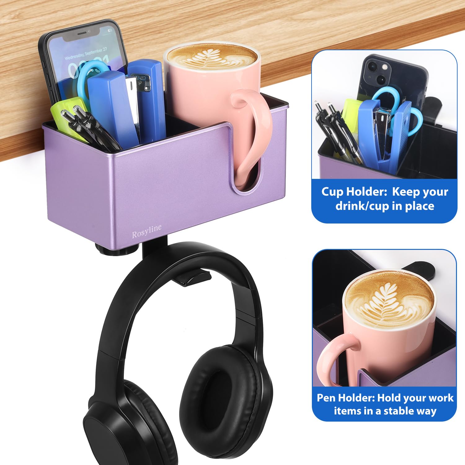 Rosyline 3-in-1 Clip-on Cup Holder for Desk with Desktop Organizer