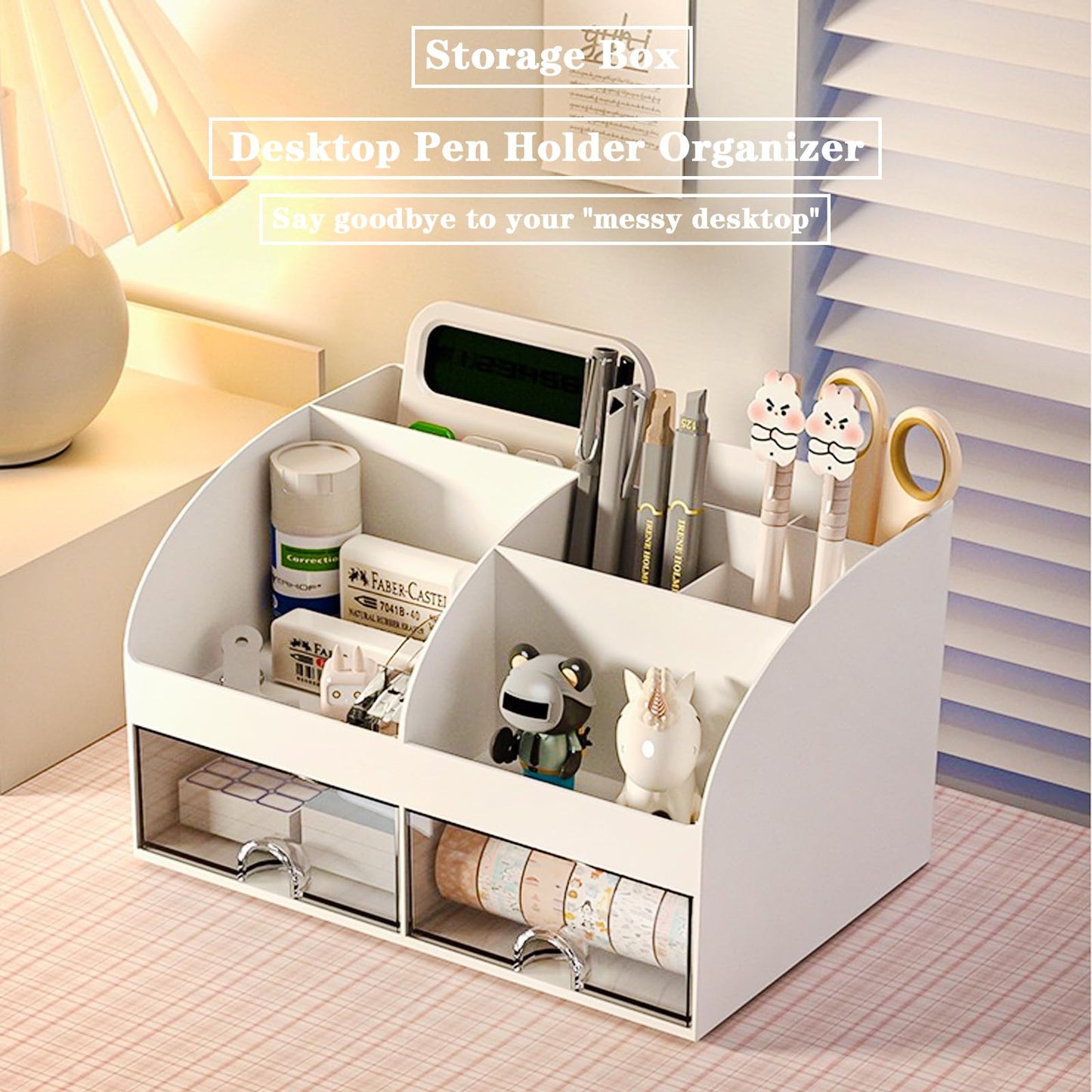 COMFYROOM Desk Organizer with 6 Compartments and 2 Drawers, Plastic Makeup Organizer, Pen Holder