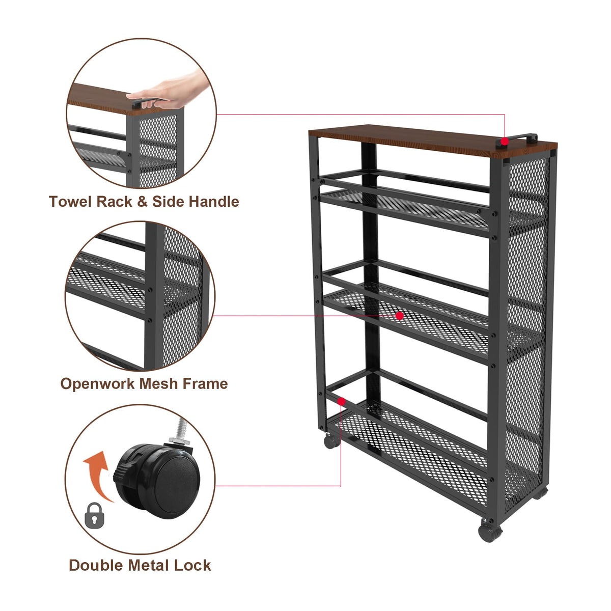 fusehome 3-Tier Rolling Cart Slim - Black Laundry Bathroom Kitchen