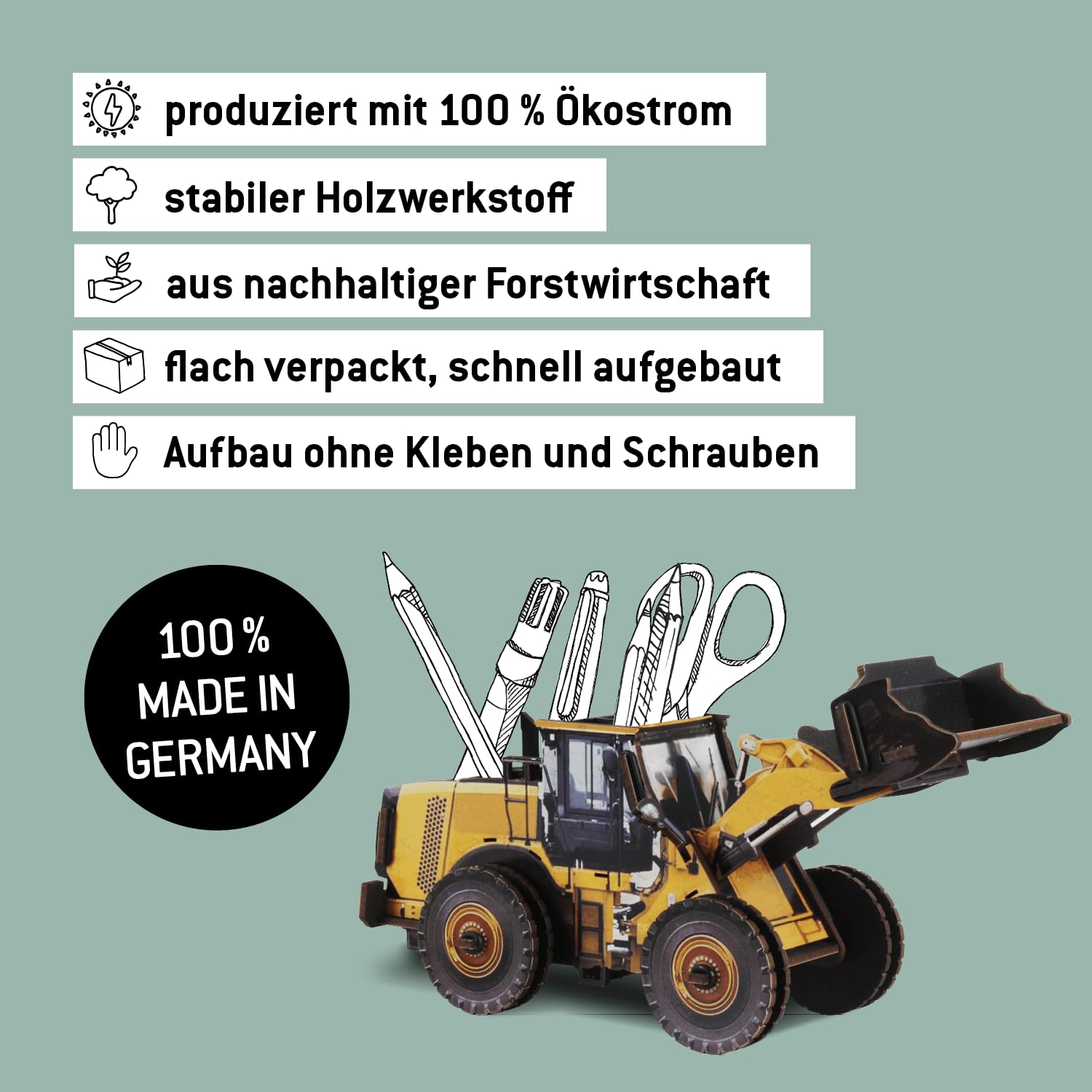 Werkhaus Design + Produktions GmbH Pencil Box Wheel Loader 15 x 11 x 29 cm