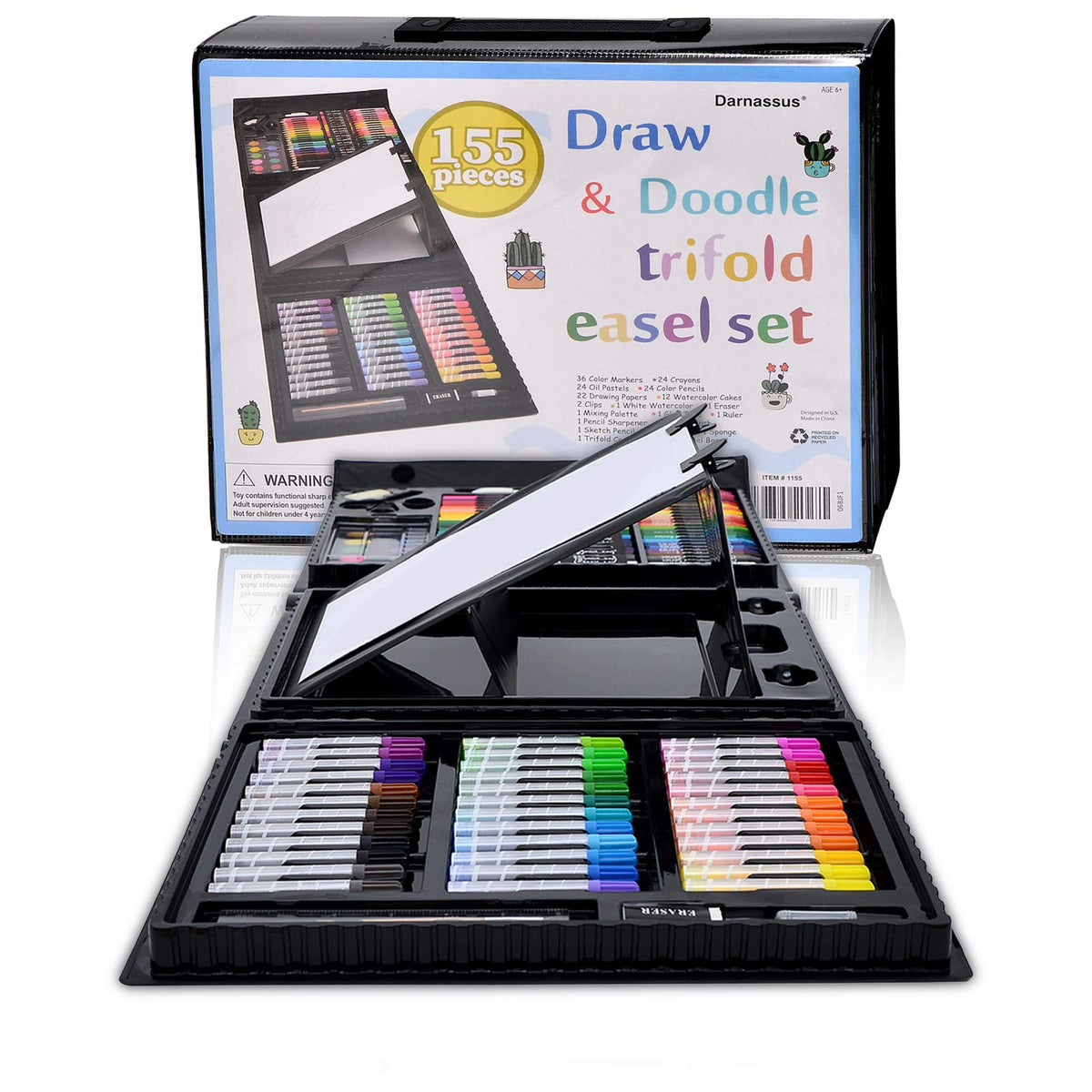 Darnassus 155-Piece Trifold Easel Art Set, Deluxe Professional Color Set, Compact Portable, with