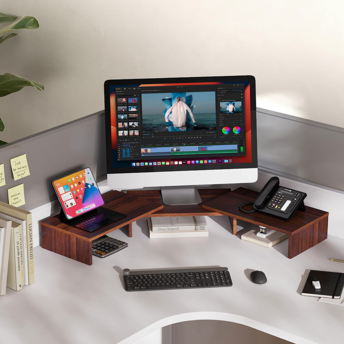 FITUEYES Dual Monitor Stand Riser, Adjustable Length and Angle, Brown