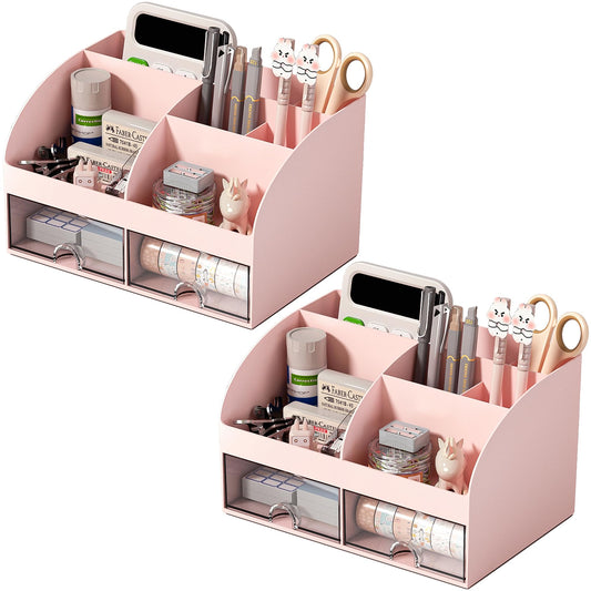 COMFYROOM Desk Organizer with 6 Compartments and 2 Drawers, Plastic Makeup Organizer, Pen Holder