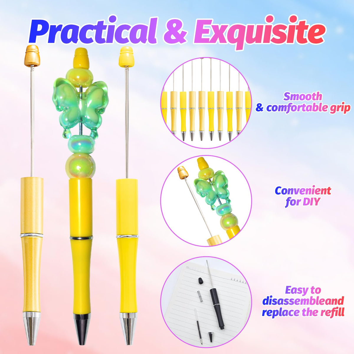 DASTTUIS 300 Pieces DIY Beadable Pens Kit - 100 plastic Beadable Pens Bulk, Refills & pen bags