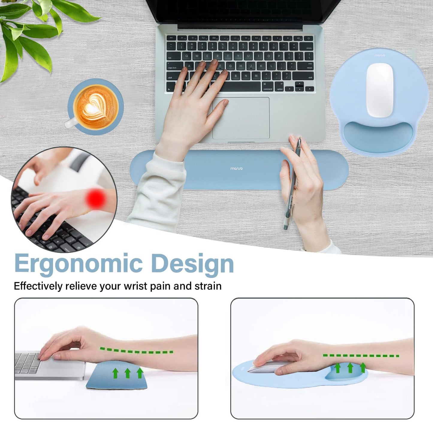 MOSISO Wrist Rest Support for Mouse Pad&Keyboard Set, Air Blue