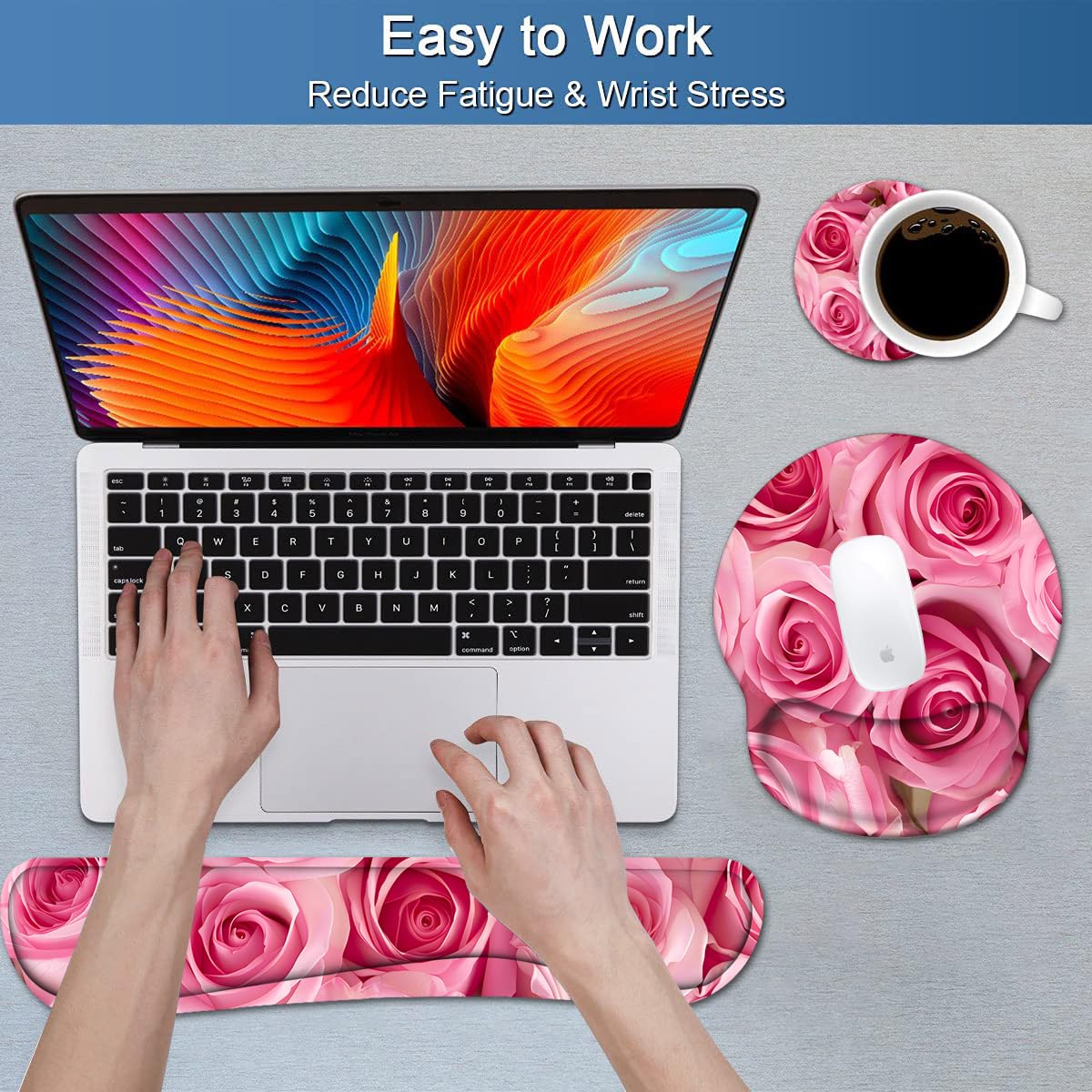 Keyboard Wrist Rest and Mouse Pad Wrist Support Set with Coasters, Non-Slip PU Base Ergonomic