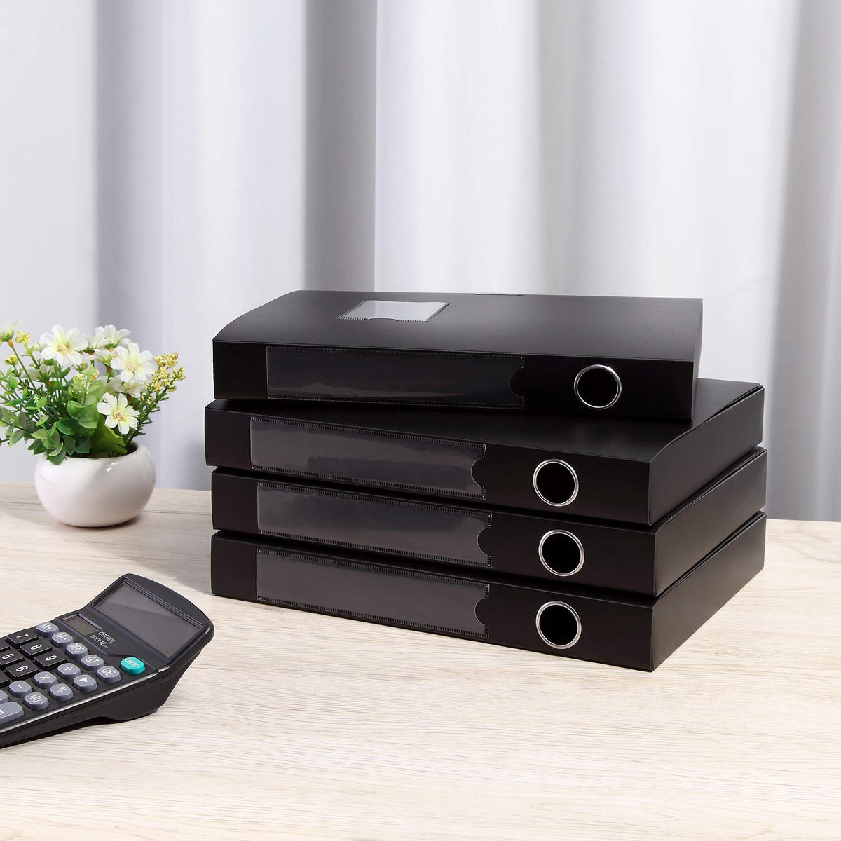 HUA JIE 4 Pack A4 Storage File Boxes Plastic Archives Cases with Lid,Black
